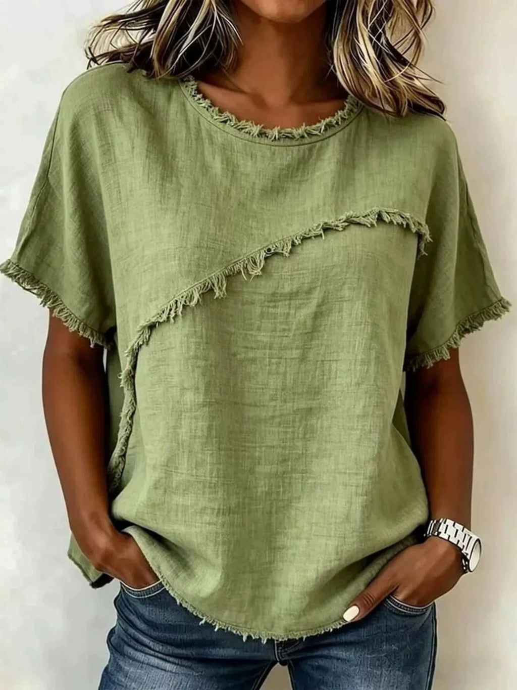 Full Size Frayed Hem Short Sleeve Top Plus Size