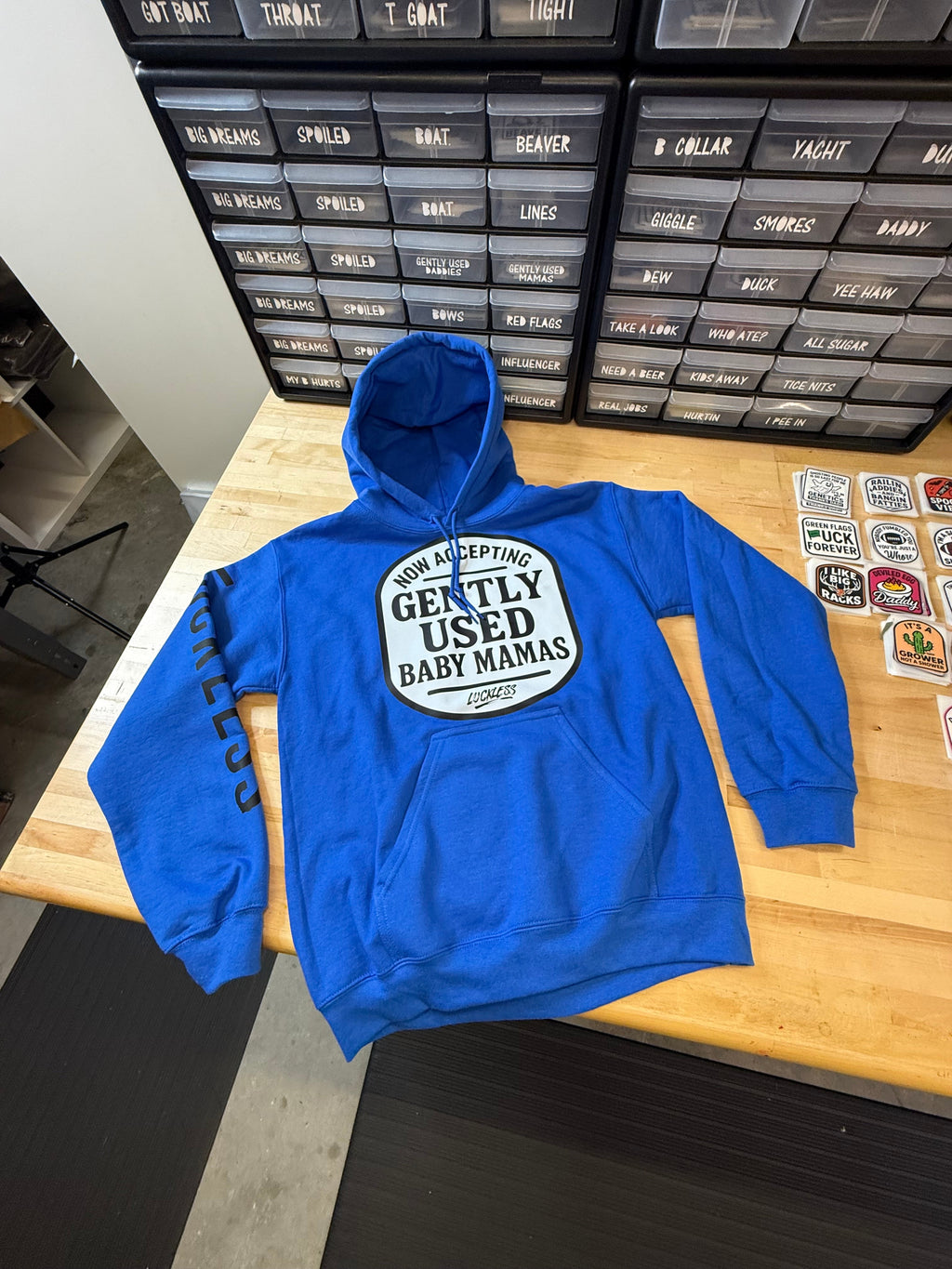 Luckless Outfitters Now Accepting Gently Used Baby Mamas Hoodie — detail close-up