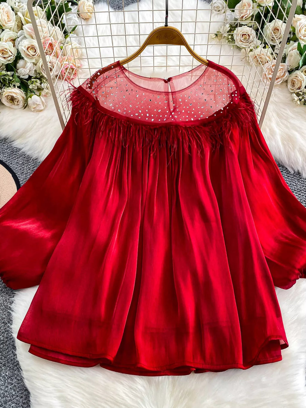 Rhinestone Mesh Panel Blouse