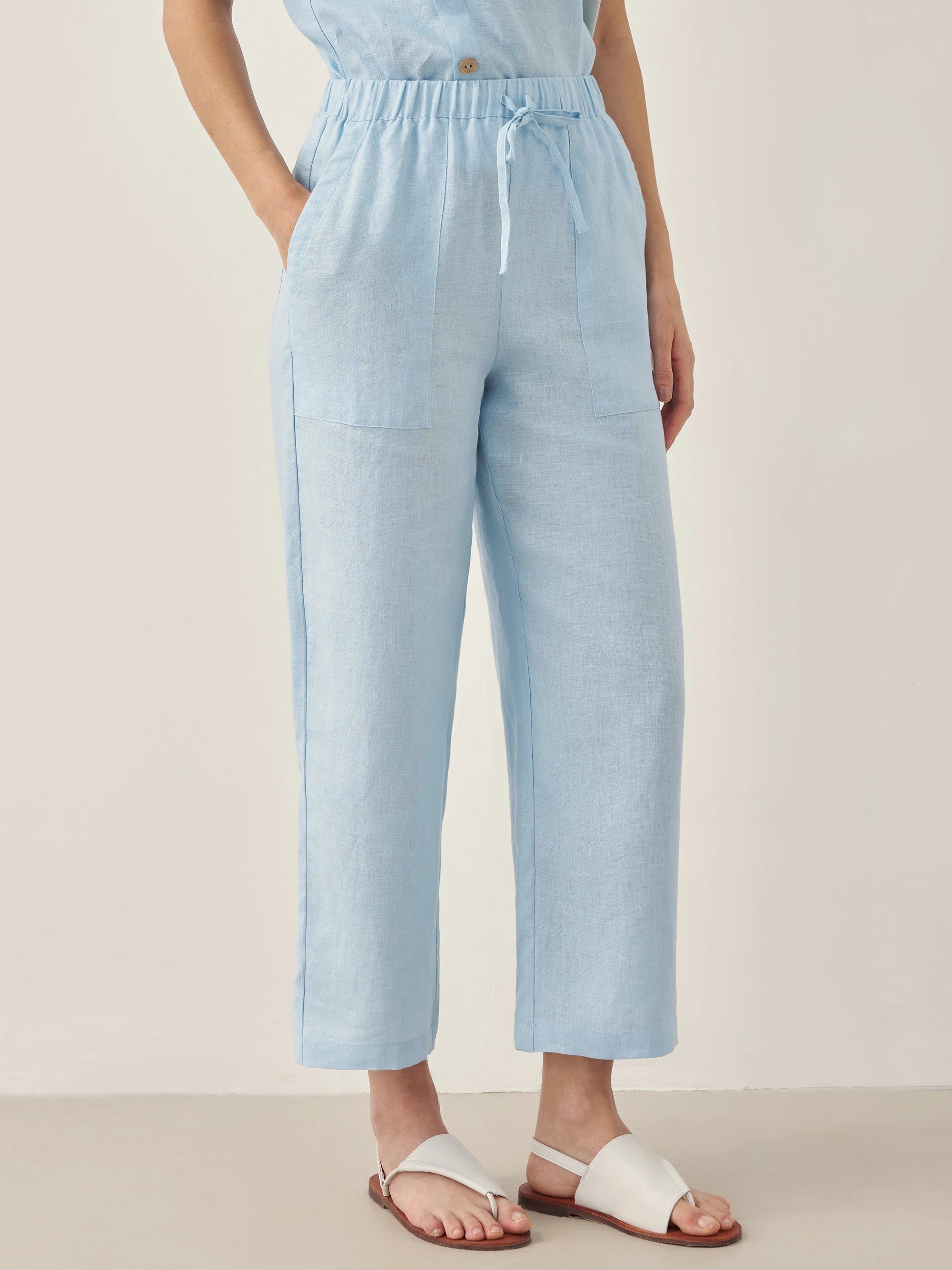 LINTICO 100% Linen Short-Sleeve Round Neck Button Detail Top & Pants Set JOSIE — flat-lay composition