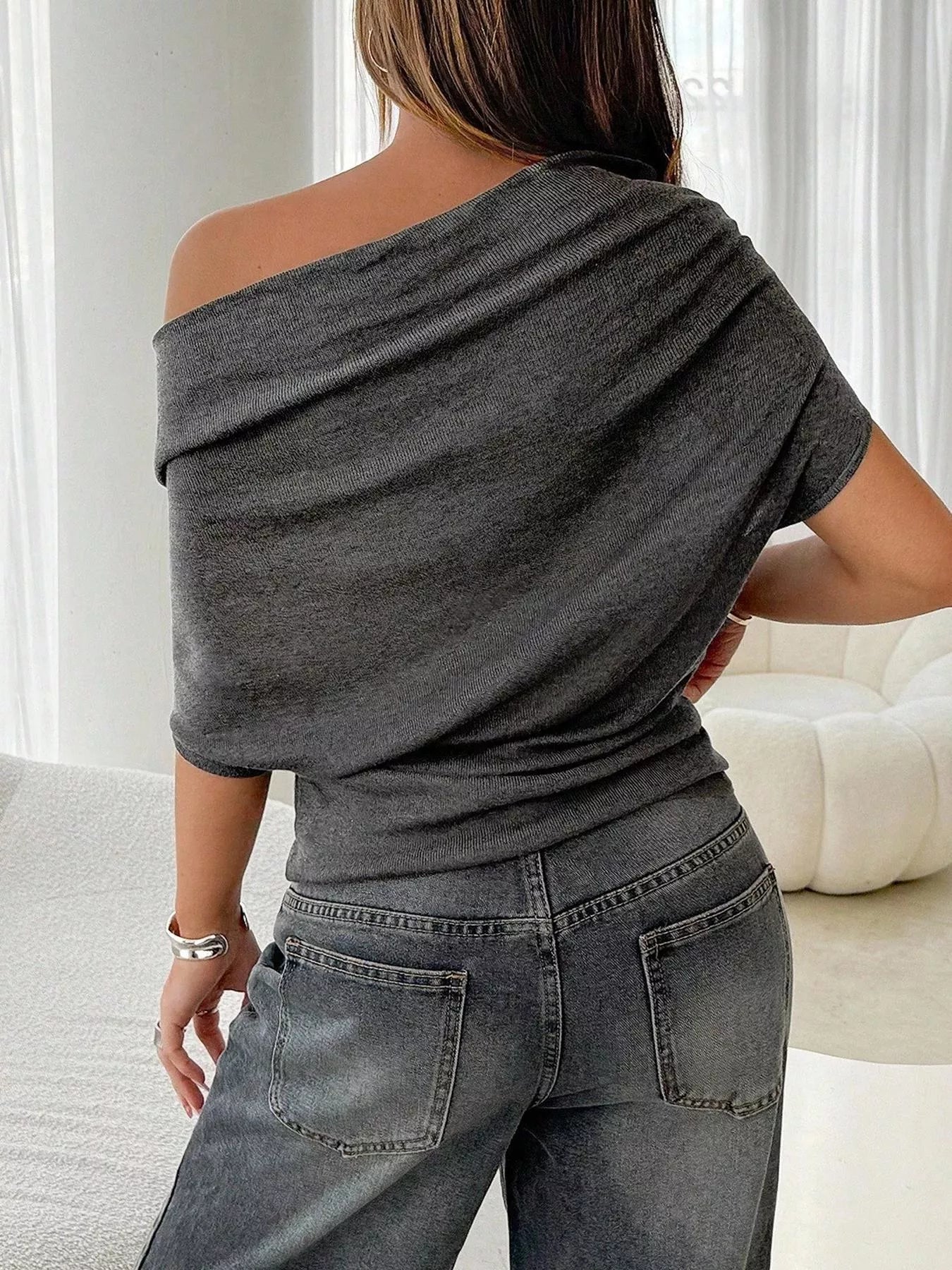 Off-Shoulder Ruched Knit T-Shirt