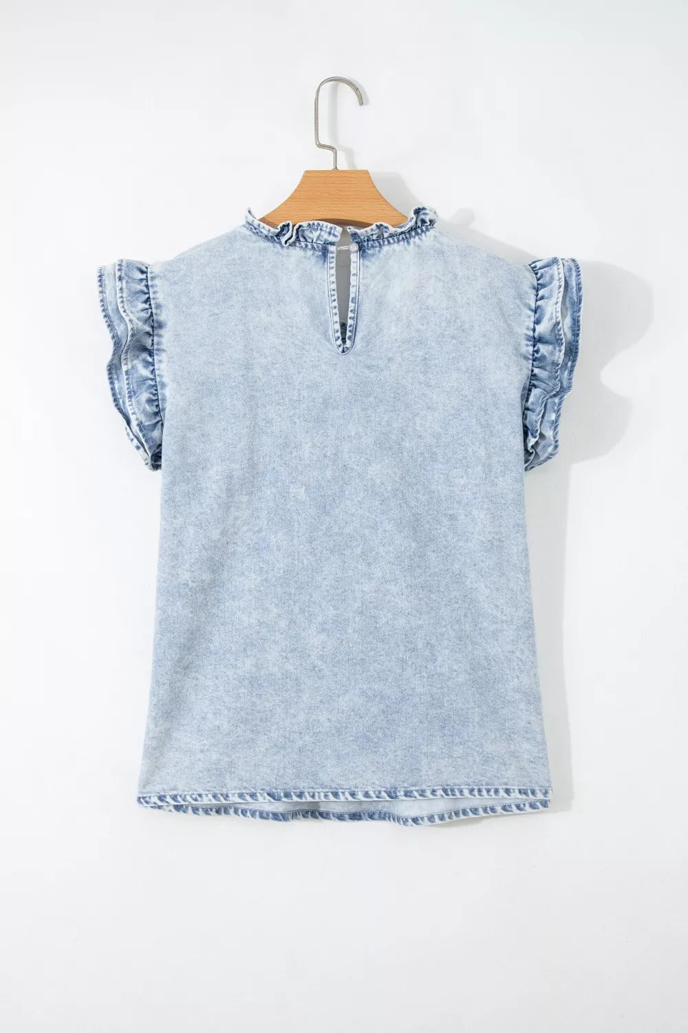 Ruffle Pleated Detail Vintage Washed Denim Top