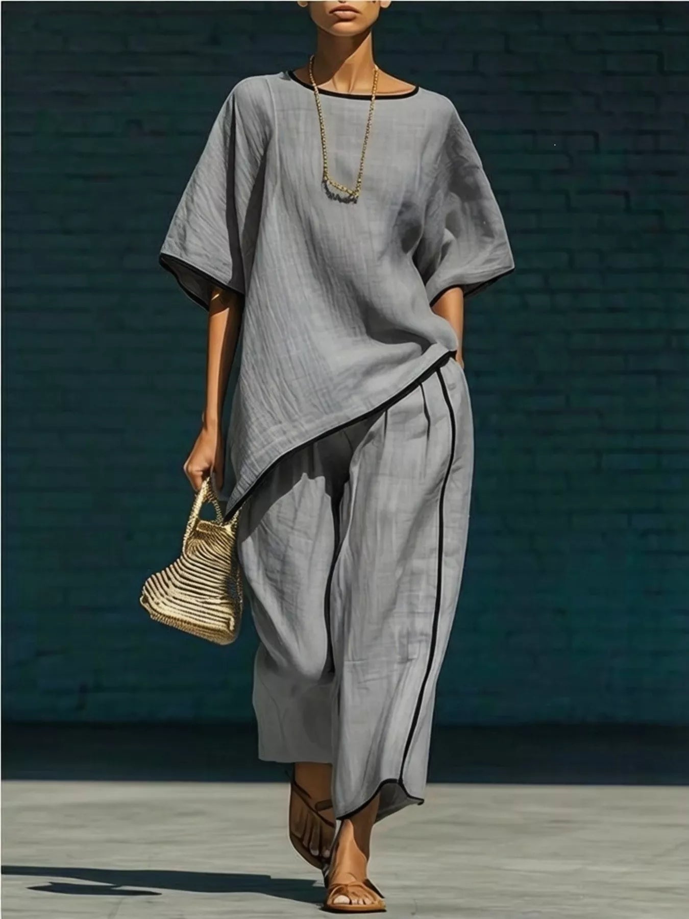 Contrast Trim Round Neck Top and Pants Set