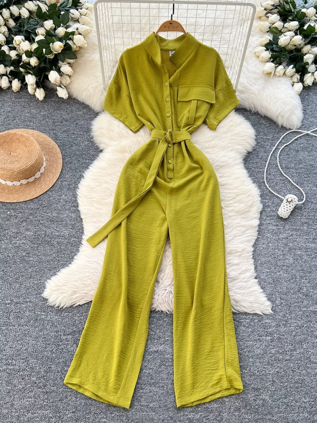 Button Front Wide Leg Jumpsuit
