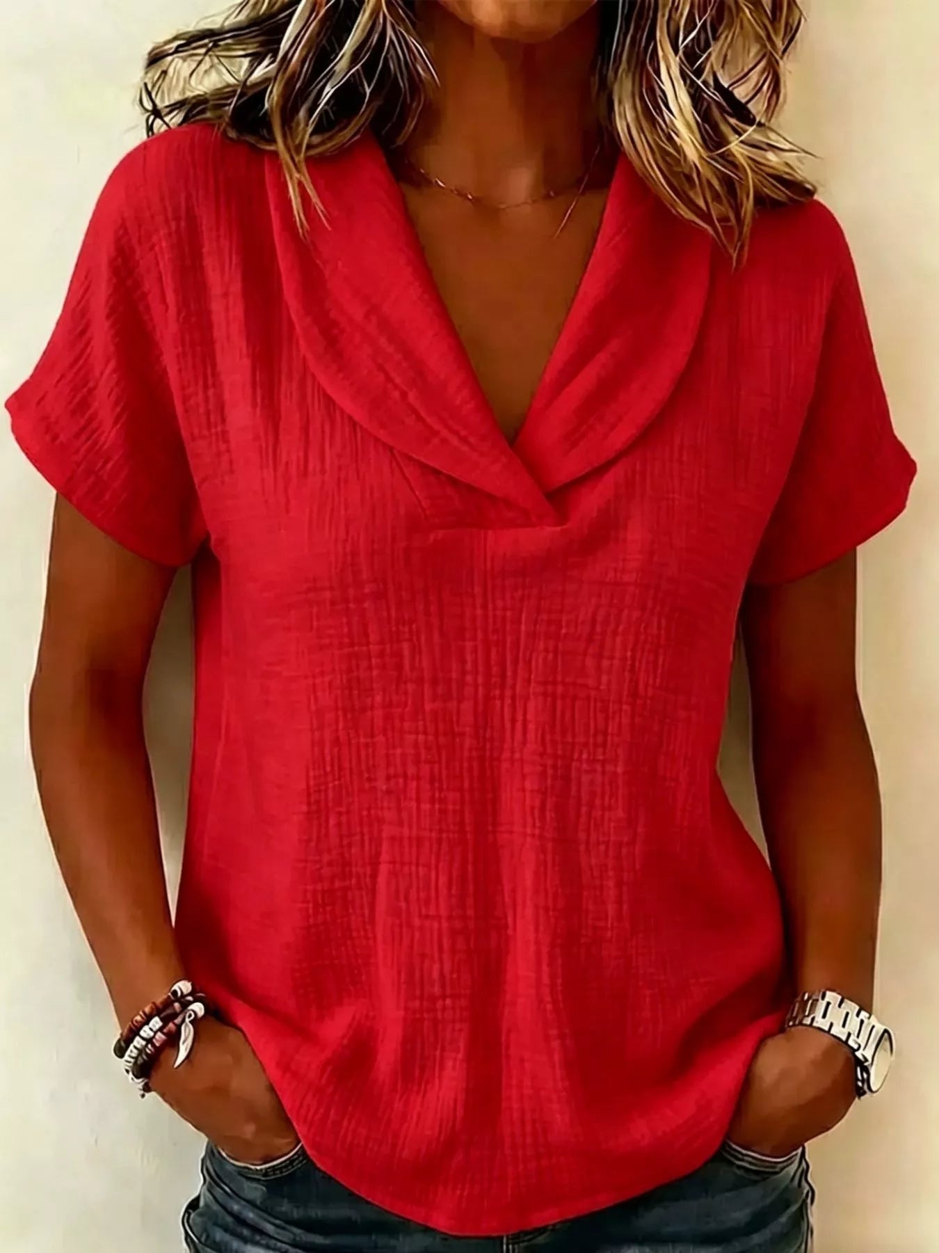Full Size Casual Short Sleeve Textured Blouse Plus Size