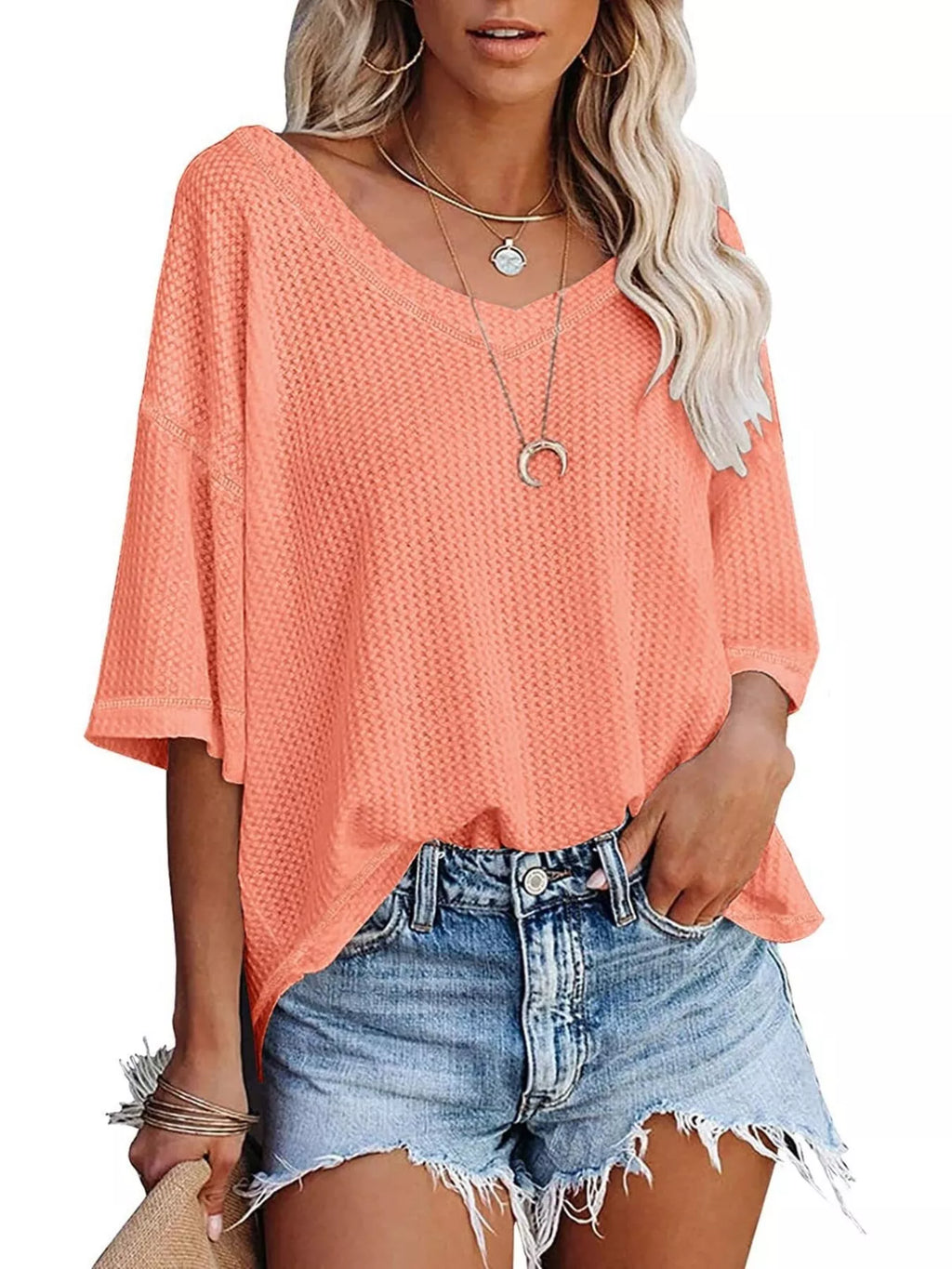 Waffle Knit V-Neck Short Sleeve T-Shirt