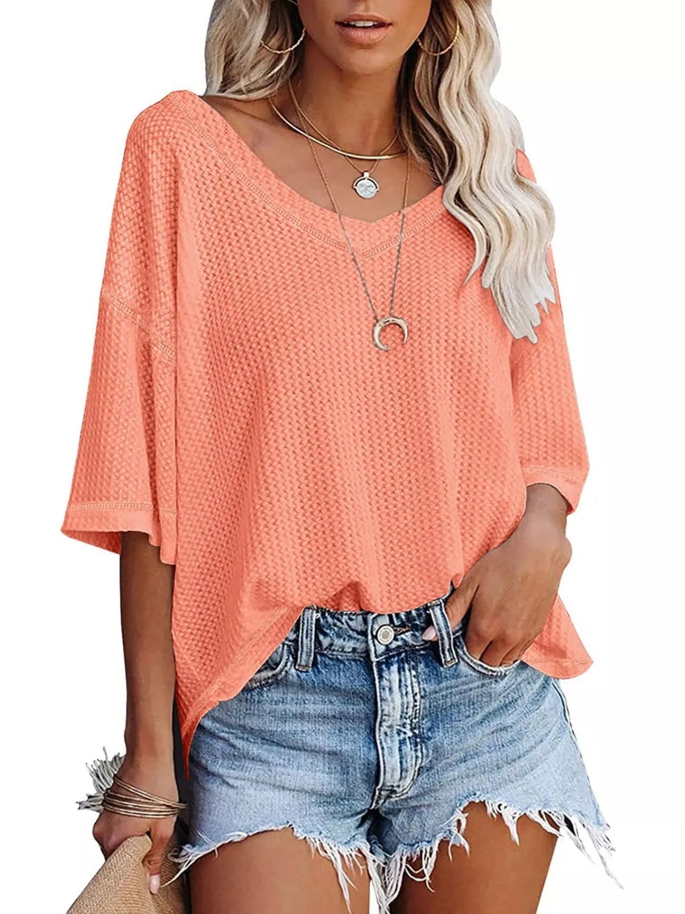Waffle Knit V-Neck Short Sleeve T-Shirt