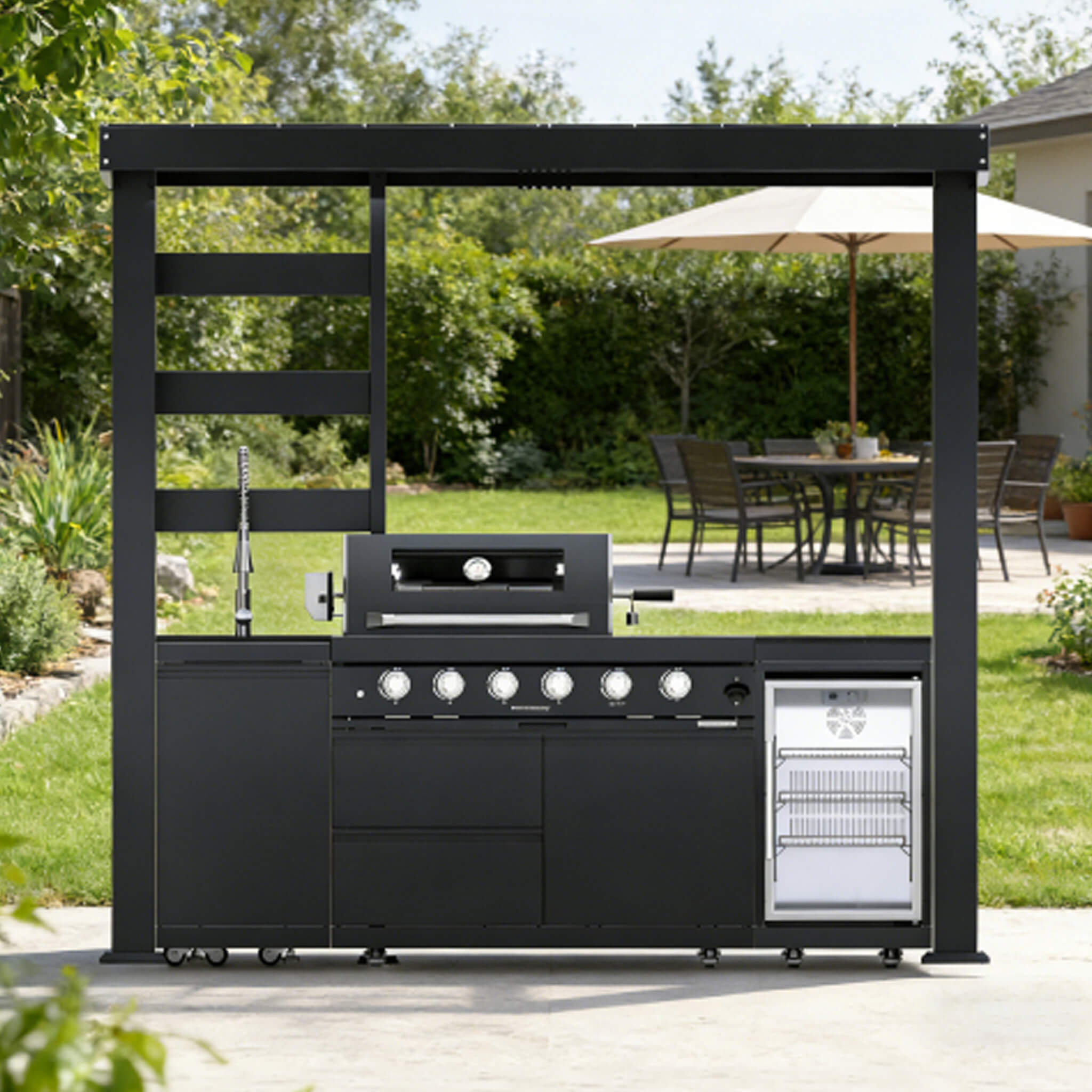 Castelle Flame Amalfi 97-Inch 4-Burner 72K BTU LP Outdoor Kitchen Grill Island With Wine Cooler, Rotisserie, Cabinets, And Gr