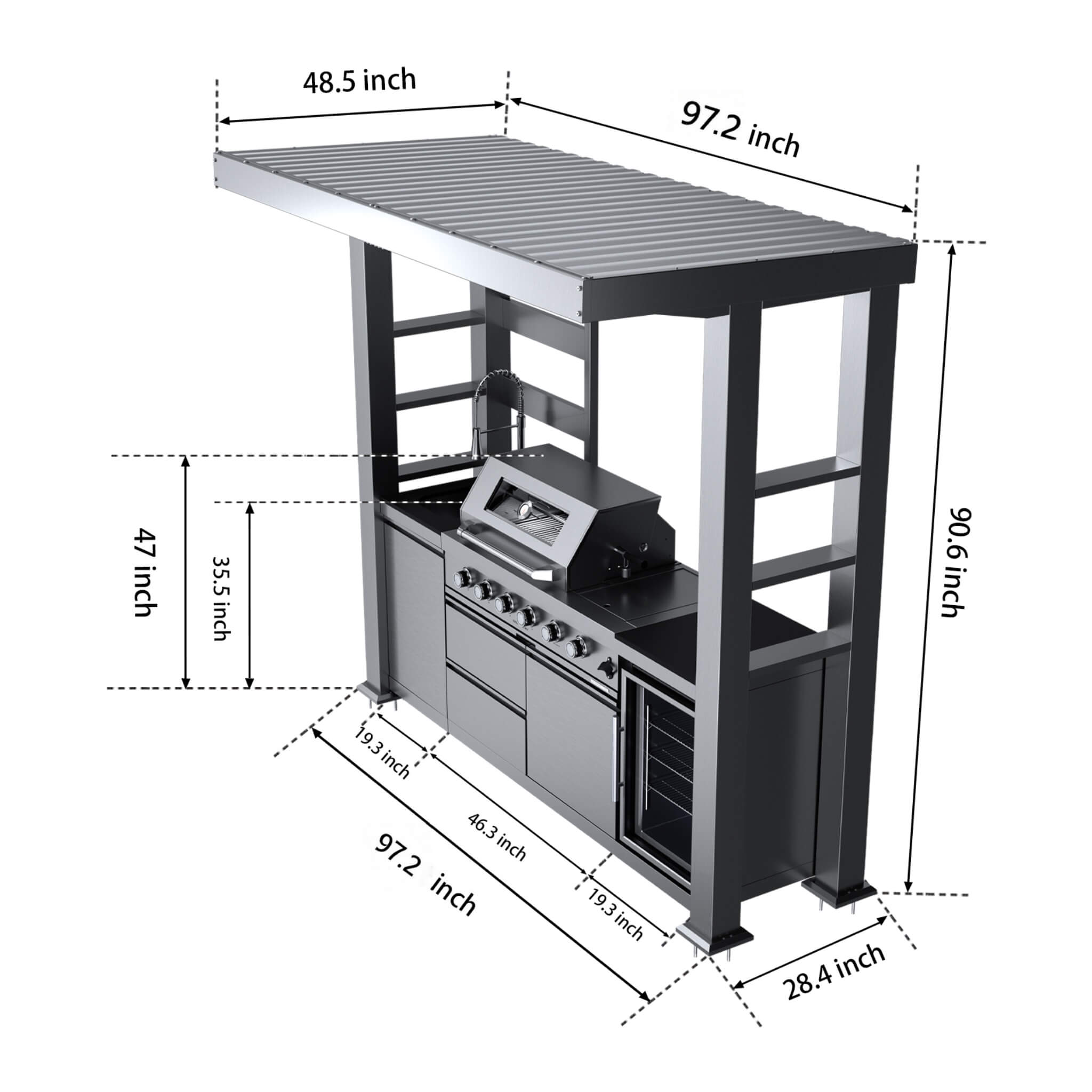 Castelle Flame Amalfi 97-Inch 4-Burner 72K BTU LP Outdoor Kitchen Grill Island With Wine Cooler, Rotisserie, Cabinets, And Gr