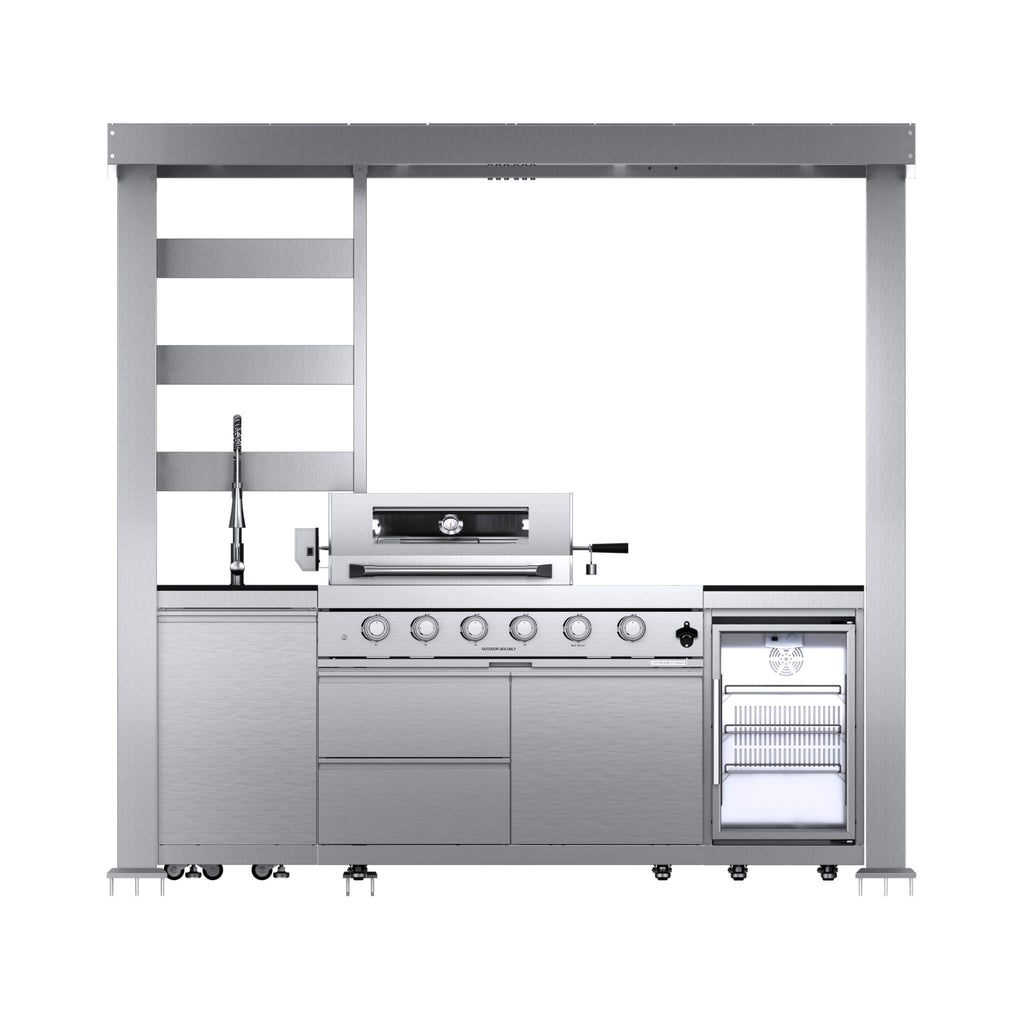 Castelle Flame Amalfi 97-Inch 4-Burner 72K BTU LP Outdoor Kitchen Grill Island With Wine Cooler, Rotisserie, Cabinets, And Gr