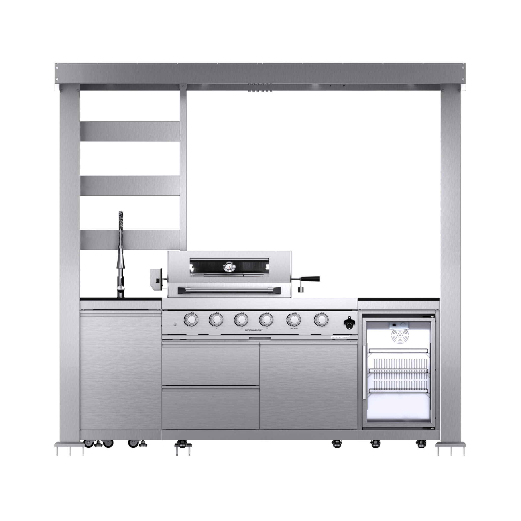Castelle Flame Amalfi 97-Inch 4-Burner 72K BTU LP Outdoor Kitchen Grill Island With Wine Cooler, Rotisserie, Cabinets, And Gr