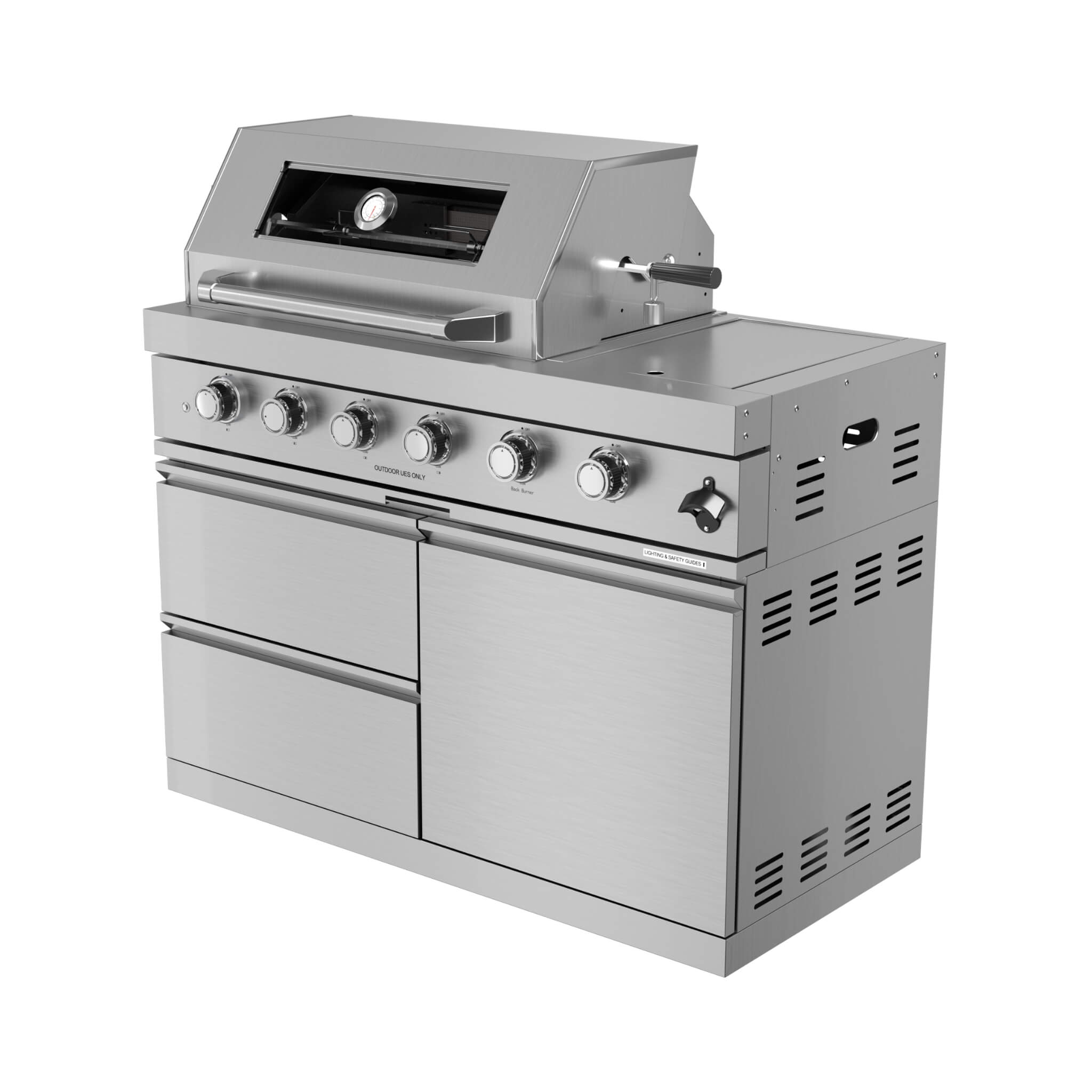 Castelle Flame Amalfi 97-Inch 4-Burner 72K BTU LP Outdoor Kitchen Grill Island With Wine Cooler, Rotisserie, Cabinets, And Gr