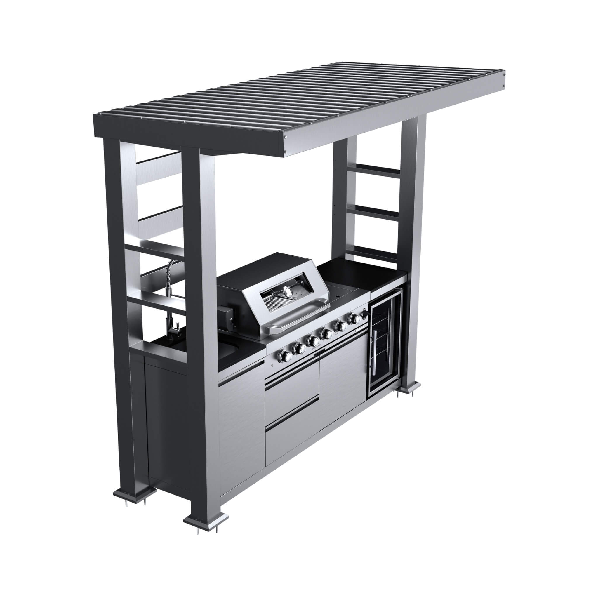 Castelle Flame Amalfi 97-Inch 4-Burner 72K BTU LP Outdoor Kitchen Grill Island With Wine Cooler, Rotisserie, Cabinets, And Gr