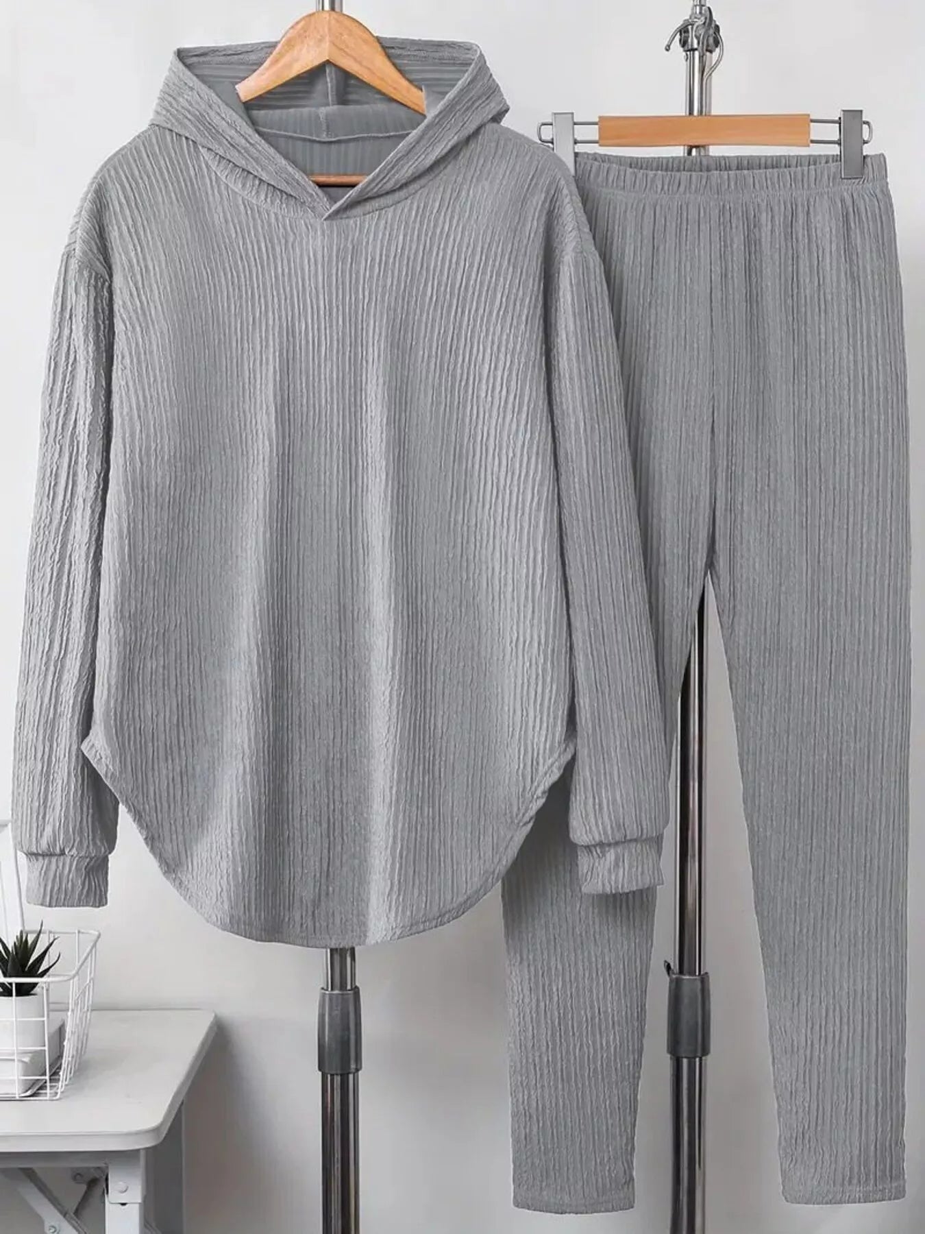 Textured Long Sleeve Hoodie and Pants Set