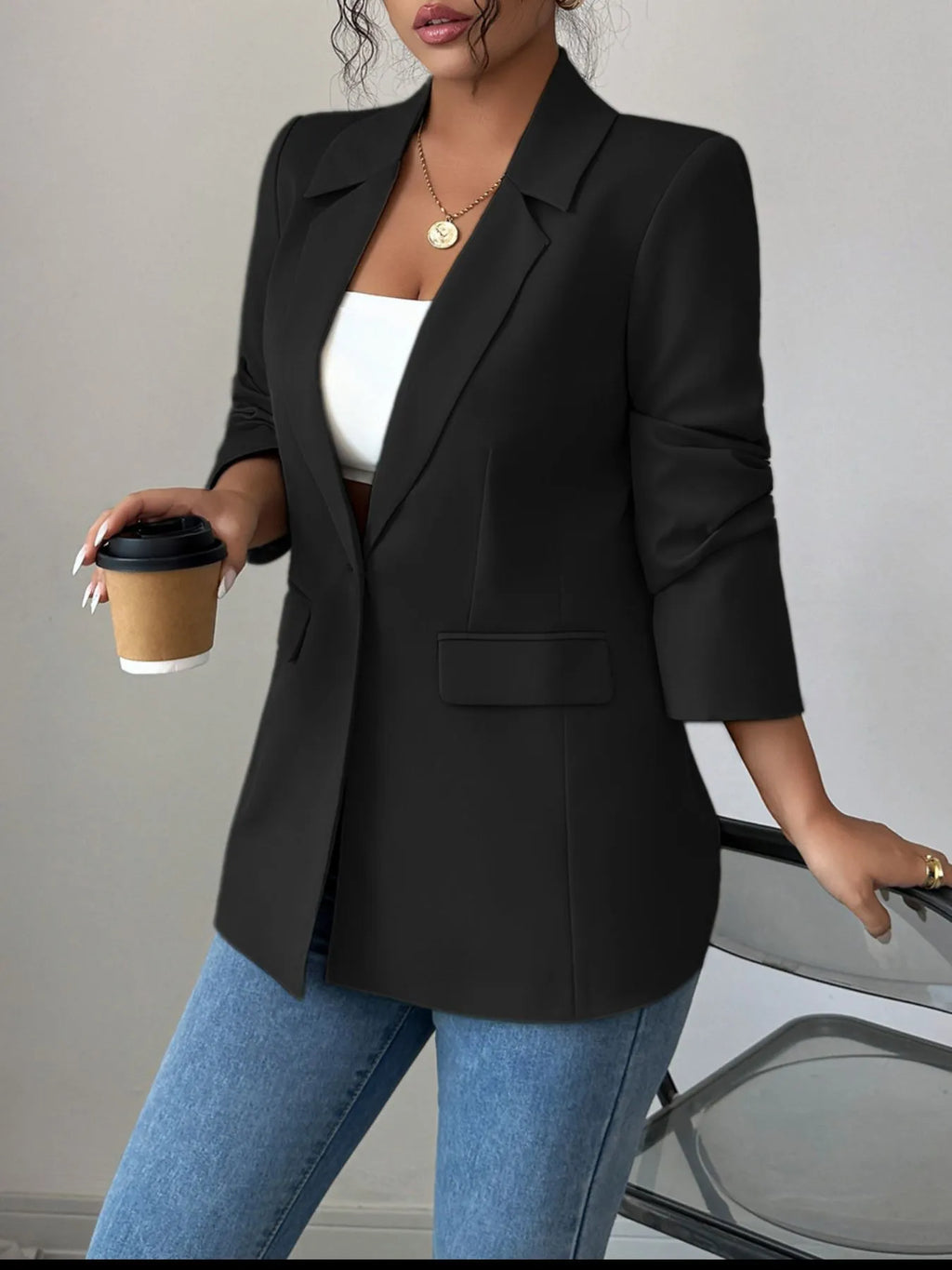 One Button Lapel Collar Blazer
