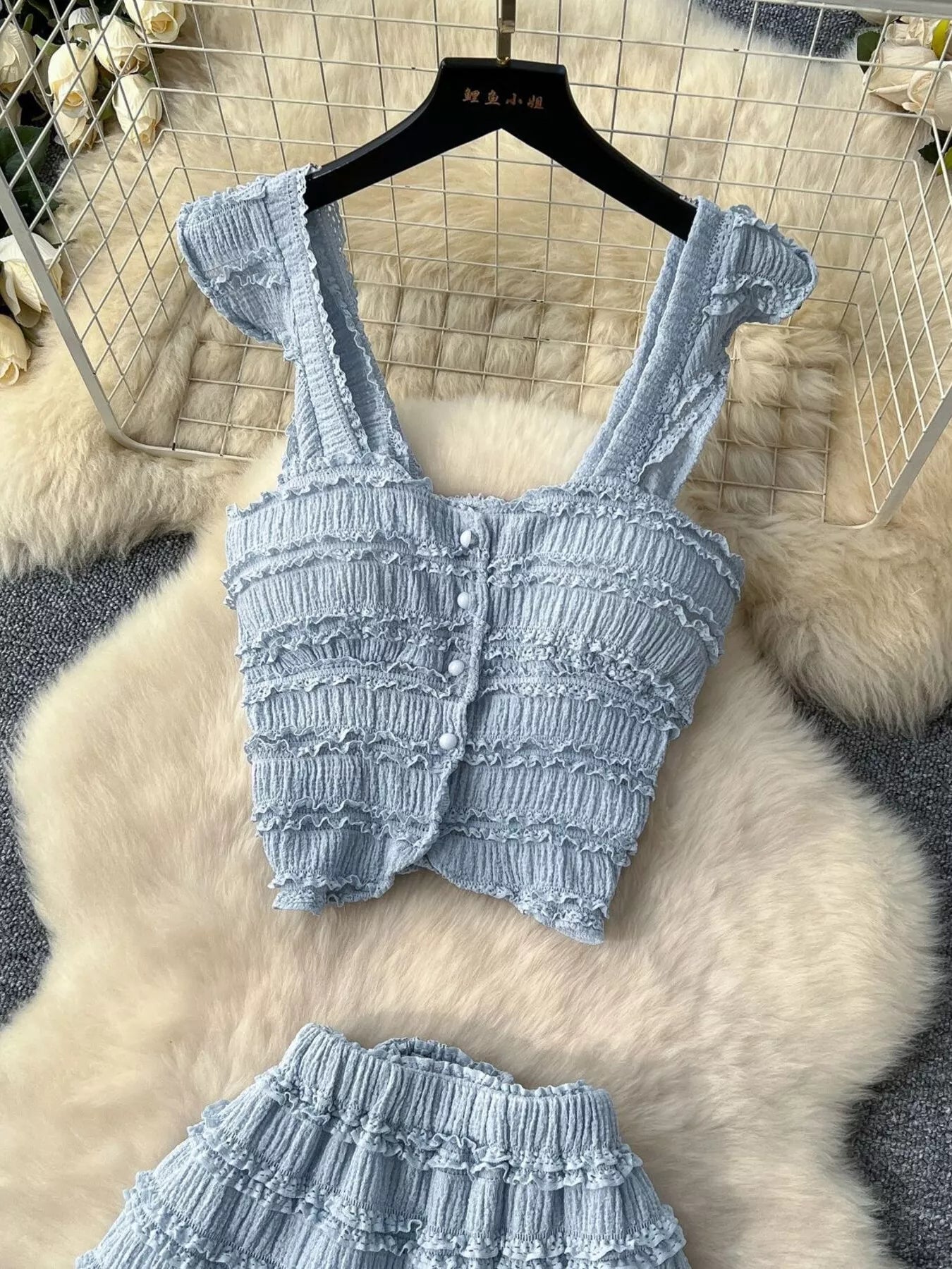 Textured Crop Top and Tiered Skirt Set
