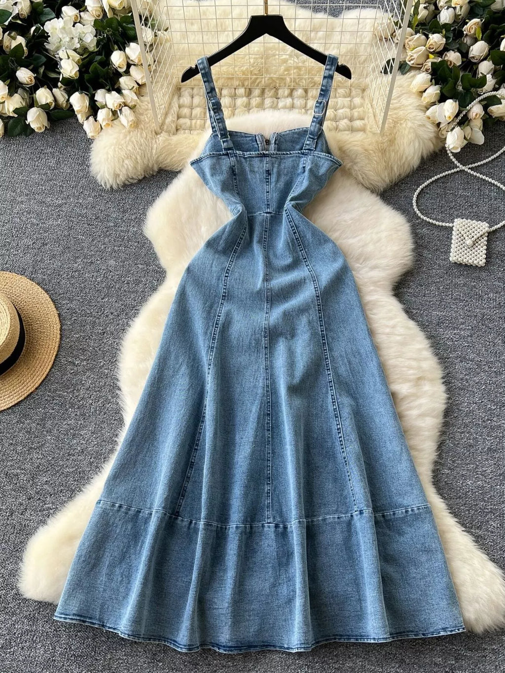 Sleeveless Zipper Front A-Line Denim Dress
