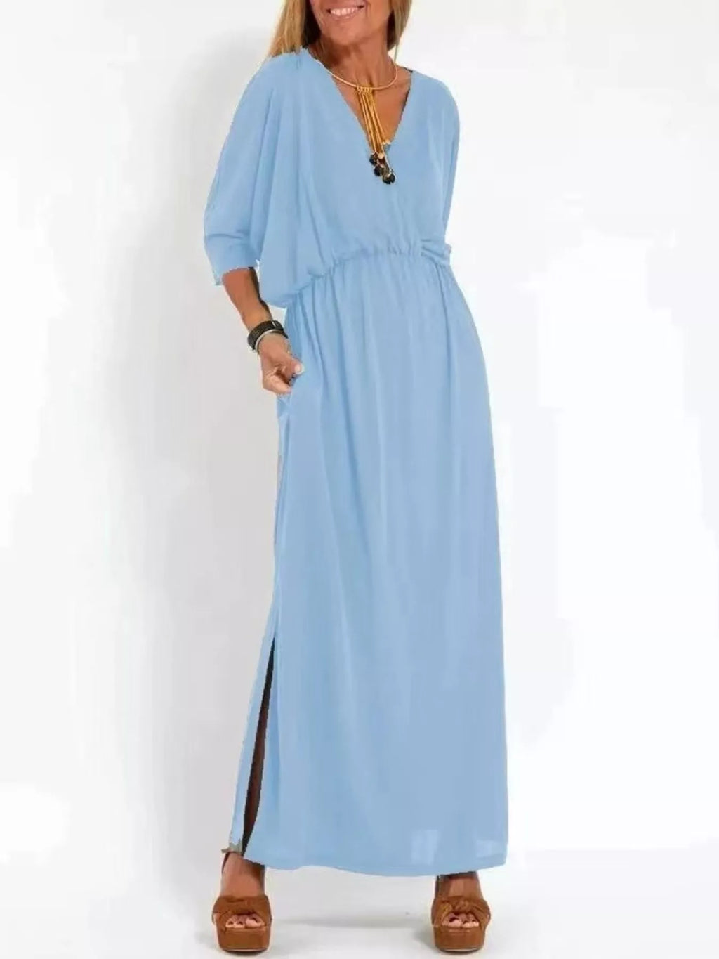 Full Size V-Neck Batwing Sleeve Maxi Dress with Side Slits Plus Size