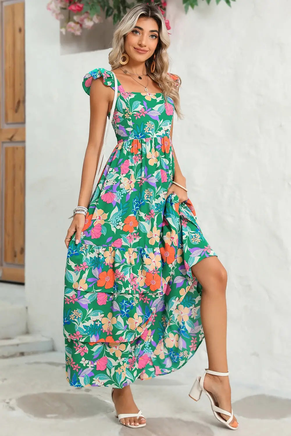 Pretty Little Patriot Pretty Little Patriot Floral Ruffle Green Tiered Maxi Dress — main product shot