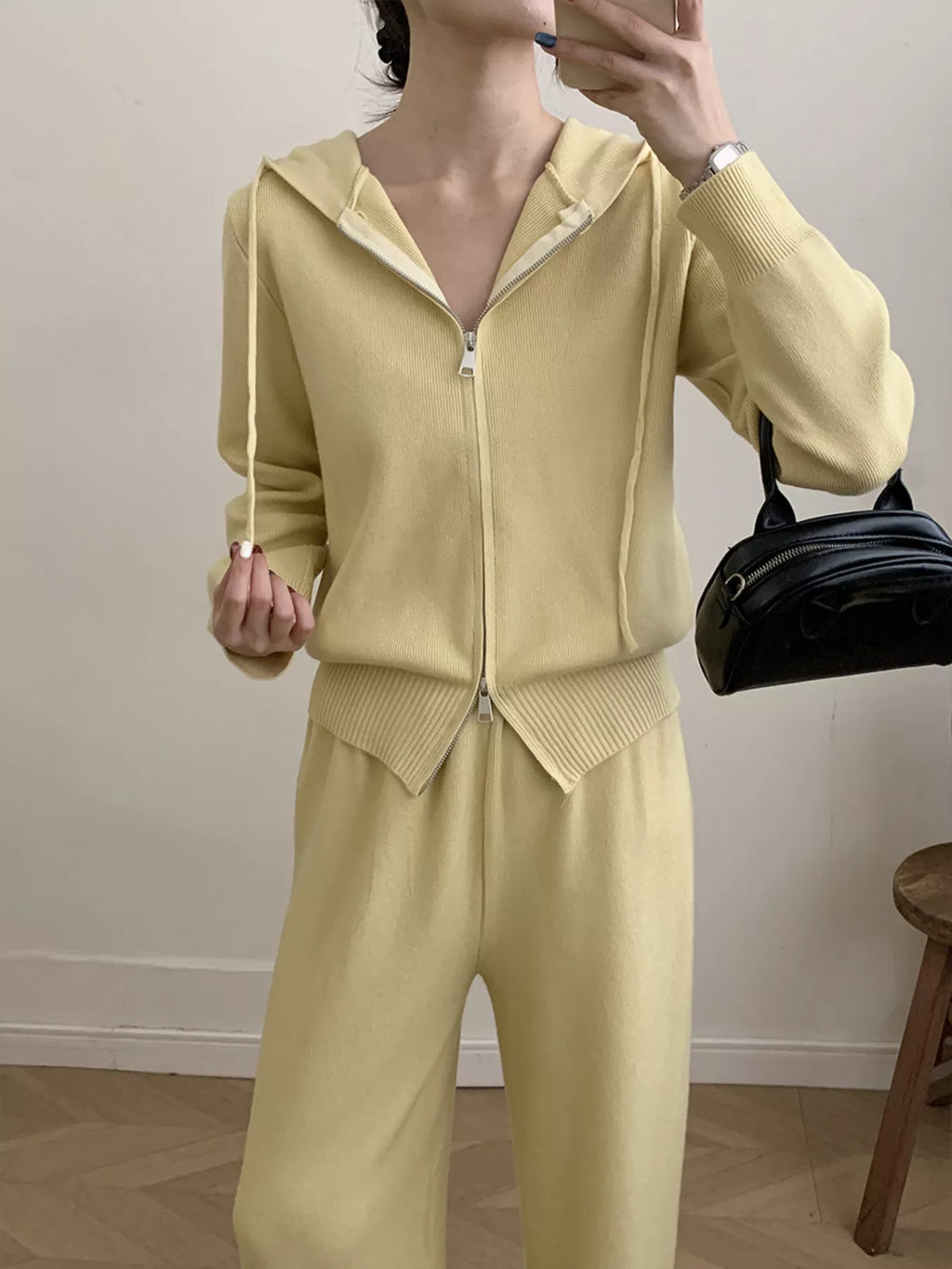 Zip Up Cardigan and Drawstring Wide Leg Pants Knit Set