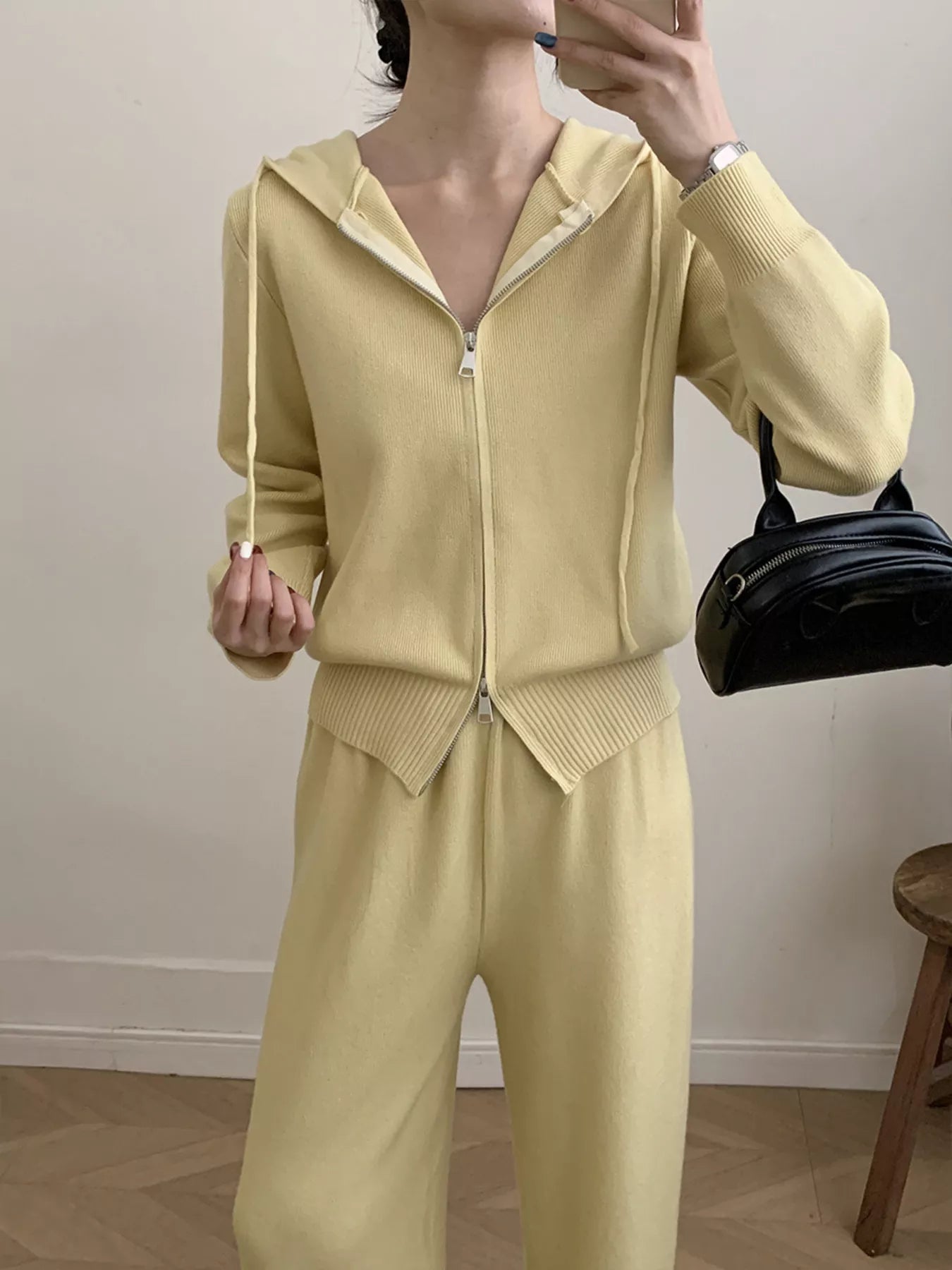Zip Up Cardigan and Drawstring Wide Leg Pants Knit Set