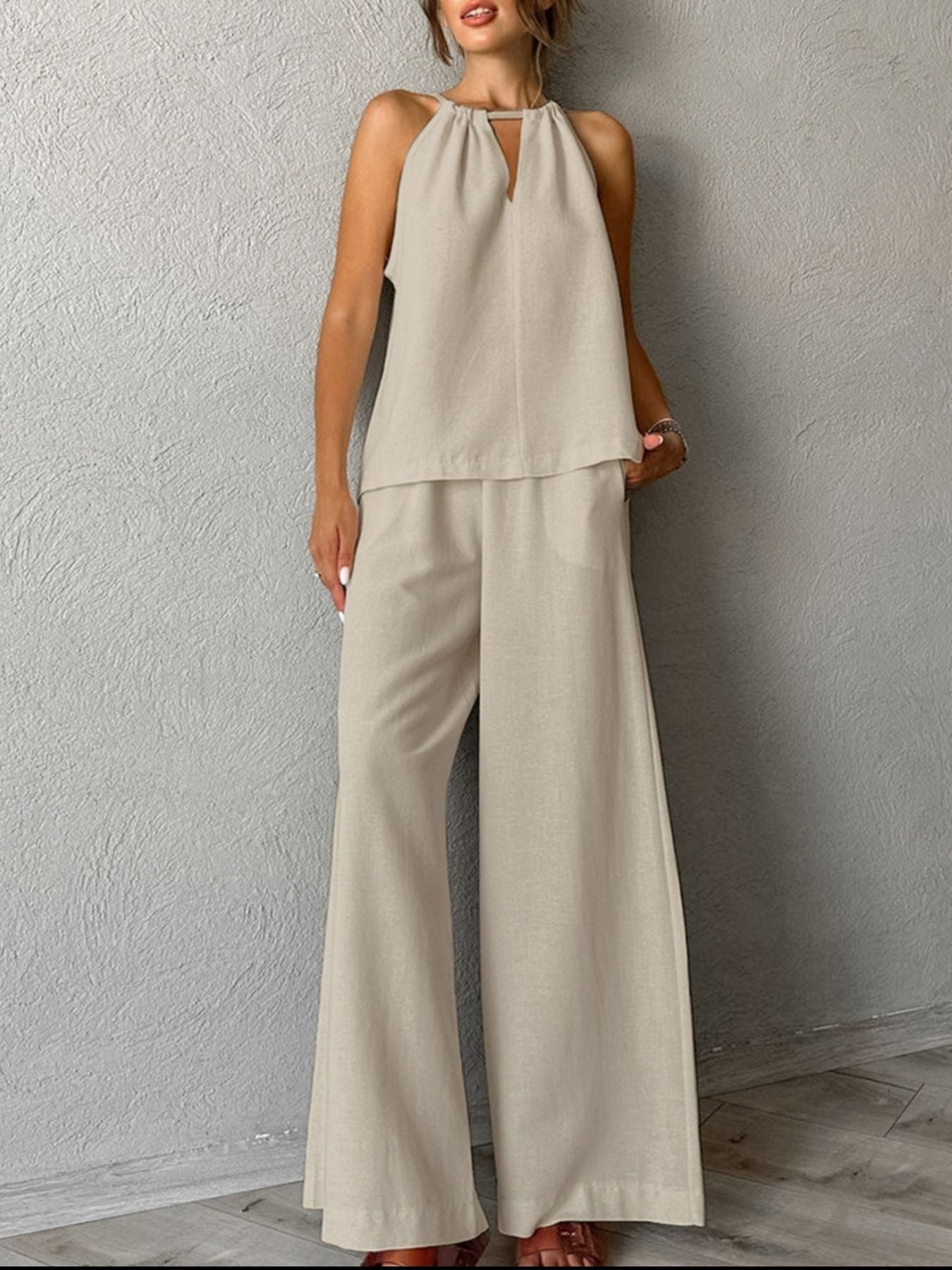 Cutout Tank and Wide Leg Pants Set