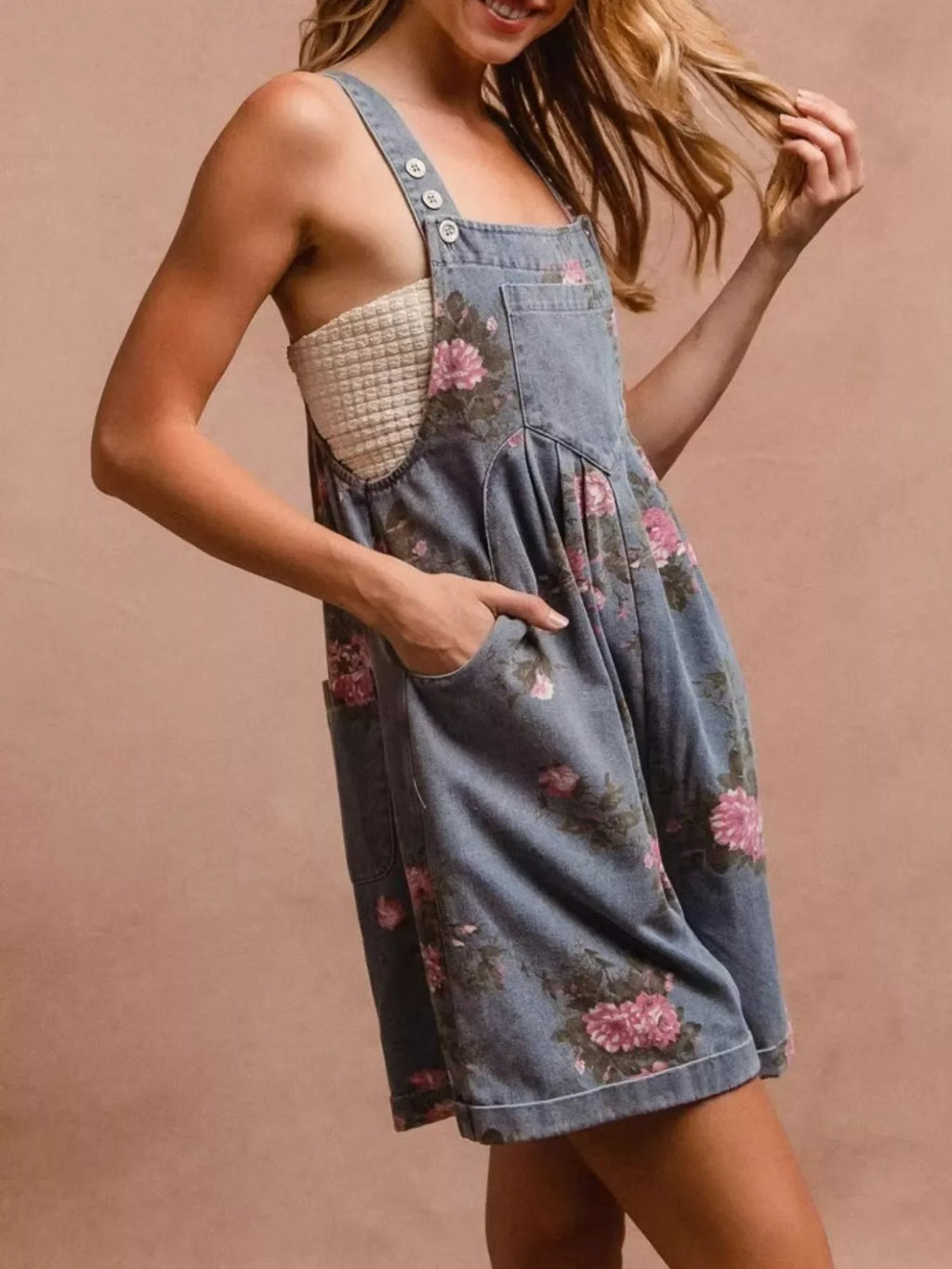 Floral Print Denim Overalls