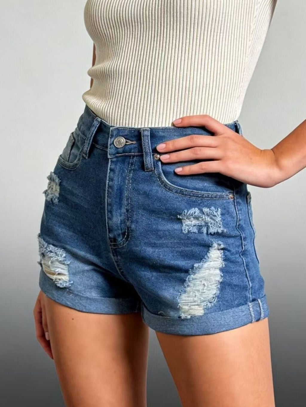 Distressed High-Waisted Denim Shorts