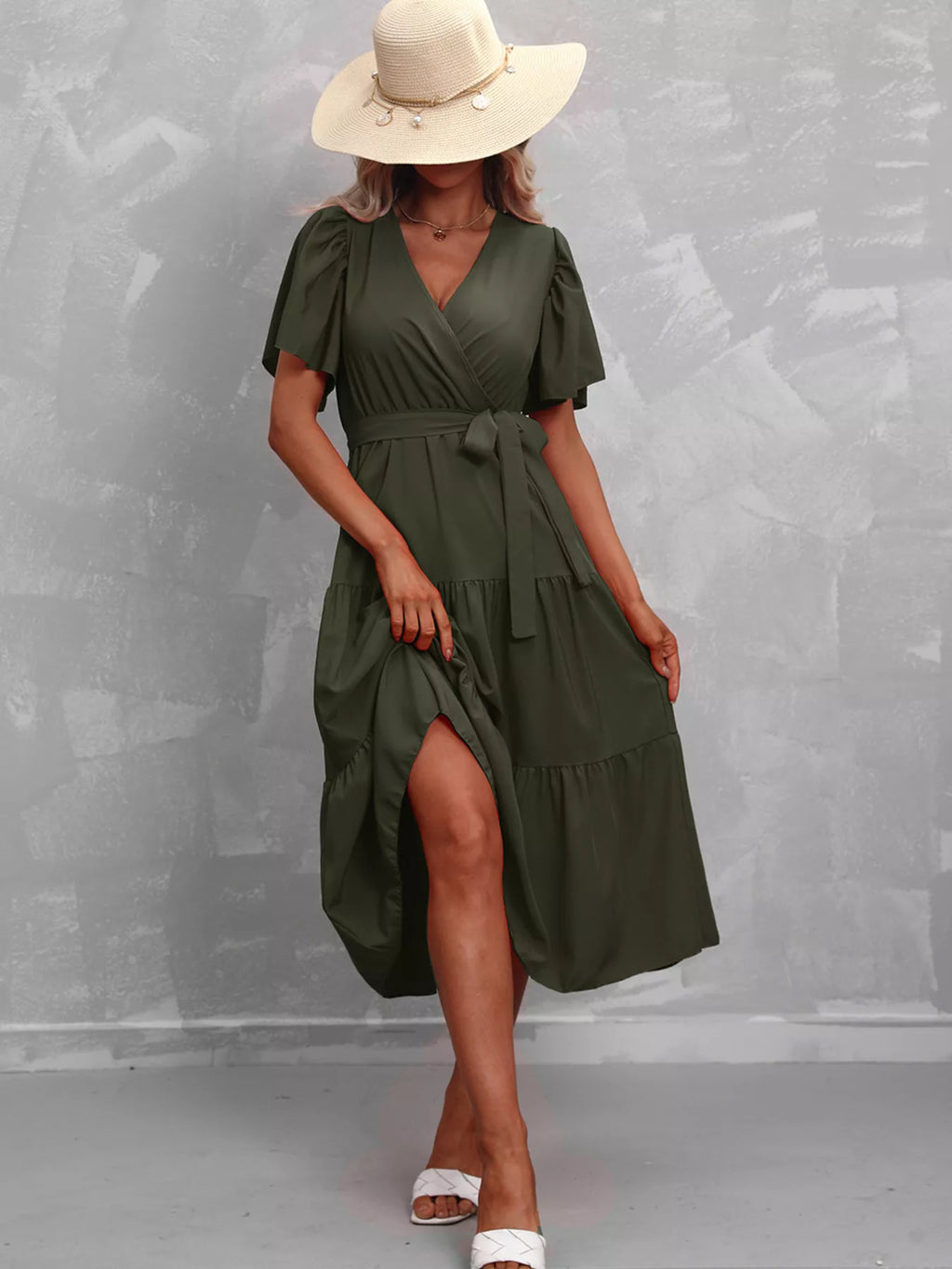 Flutter Sleeve Tiered Midi Dress