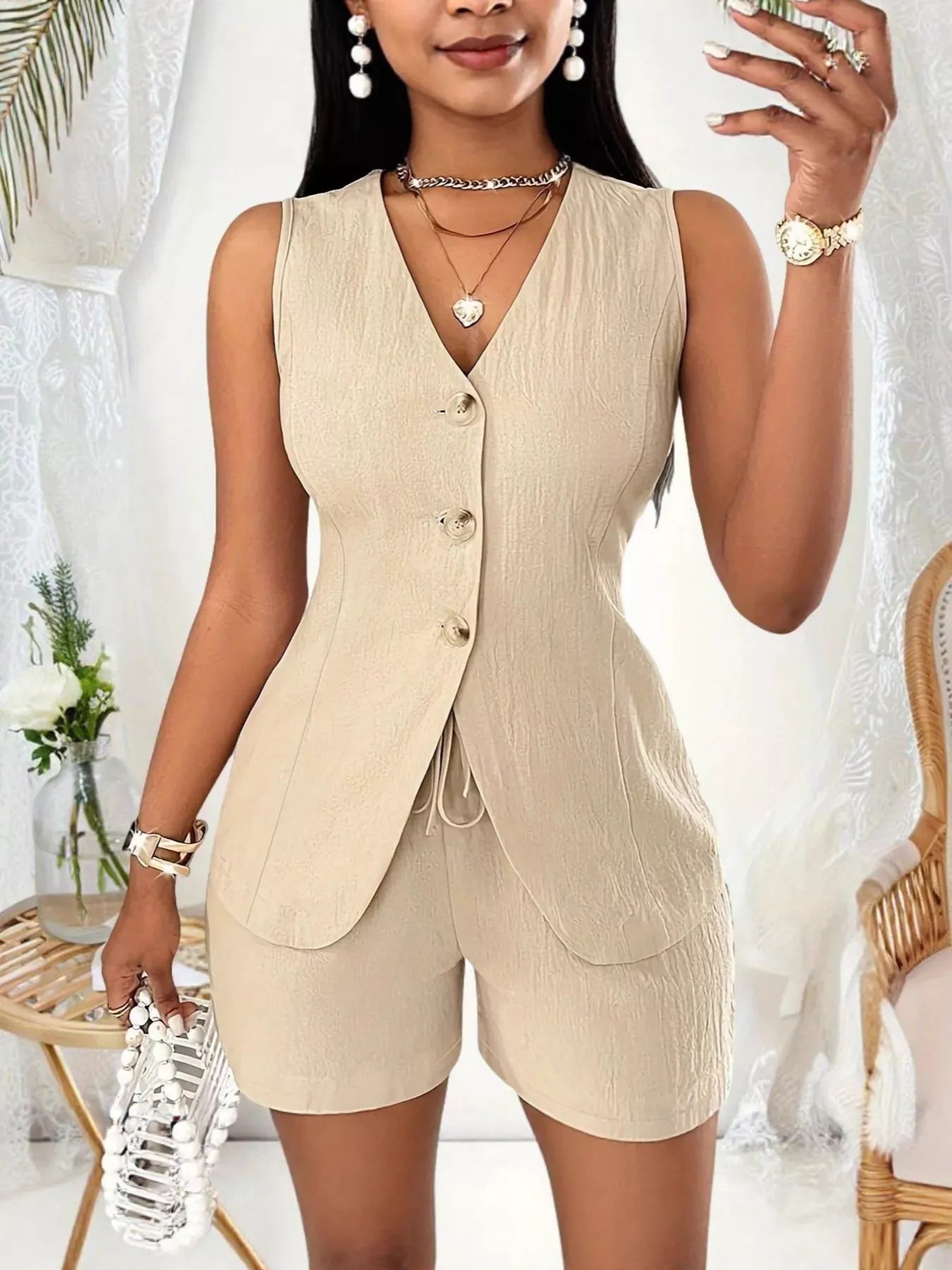 Sleeveless Button-Down Vest & Shorts Set