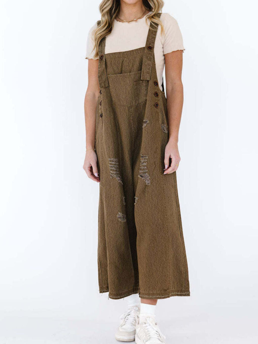 Distressed Wide Leg Denim Overalls