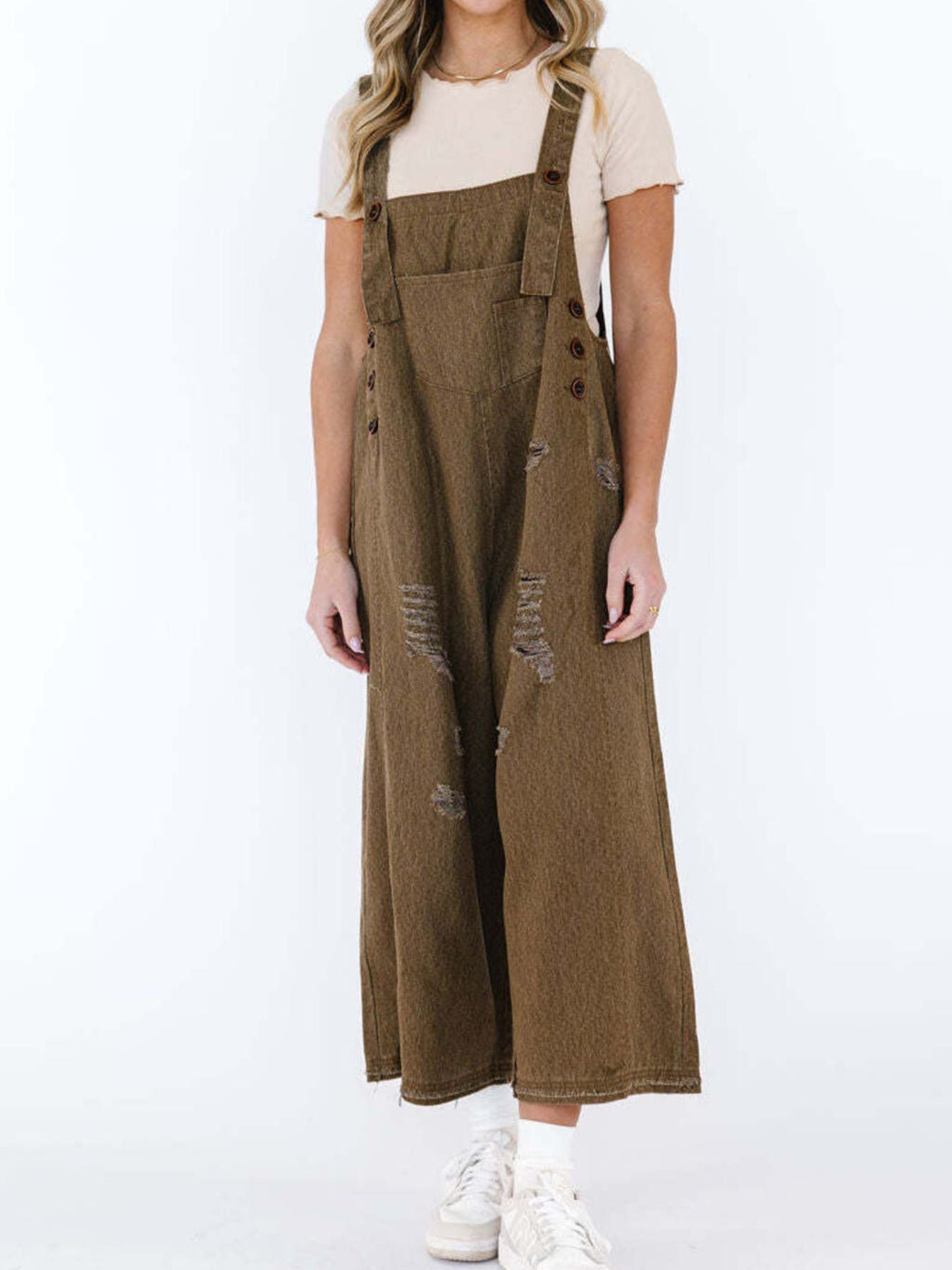 Distressed Wide Leg Denim Overalls