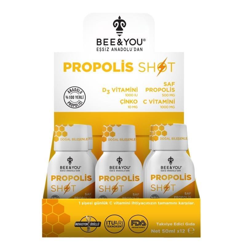 BEE & YOU Dietary Supplement Shots - Vitamin C, Zinc, D3 & Propolis - 12 x 50ml Shots for Natural Immune Support