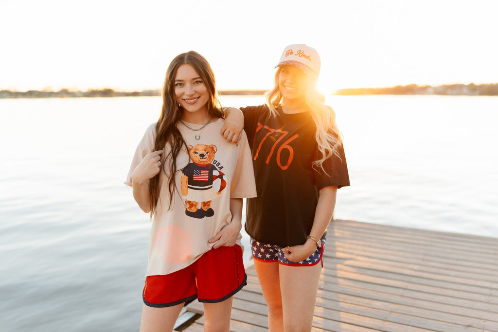 Grace+Emma USA Teddy on Beige Boxy Tee — lifestyle context