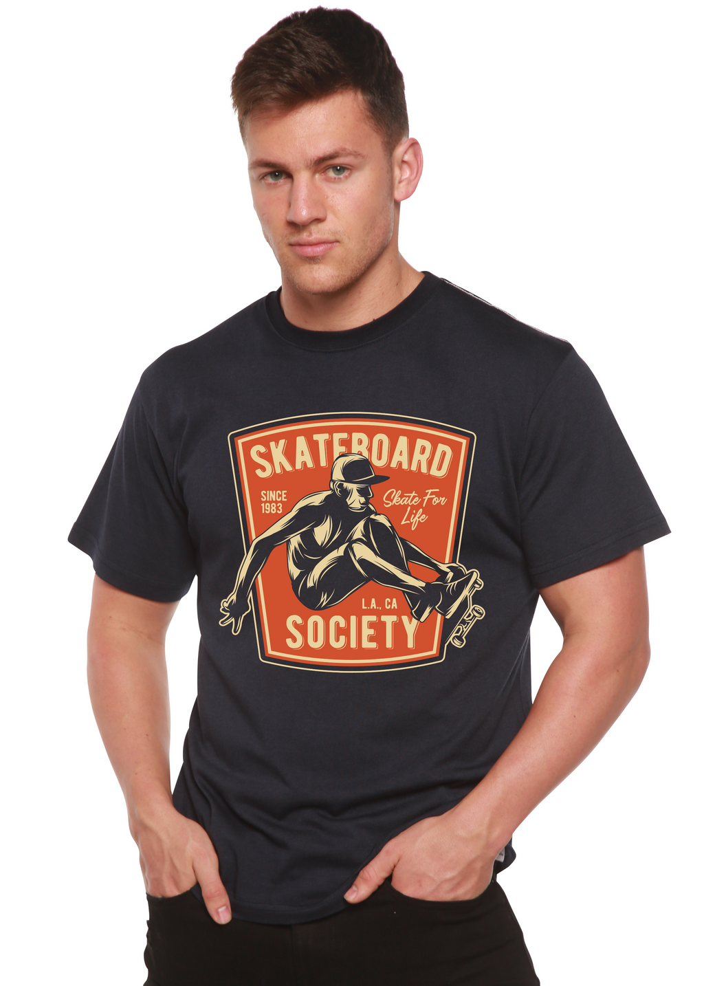 Spun Bamboo Skateboard Society Men's Bamboo Viscose/Organic Cotton Short Sleeve Graphic T-Shirt — detail close-up