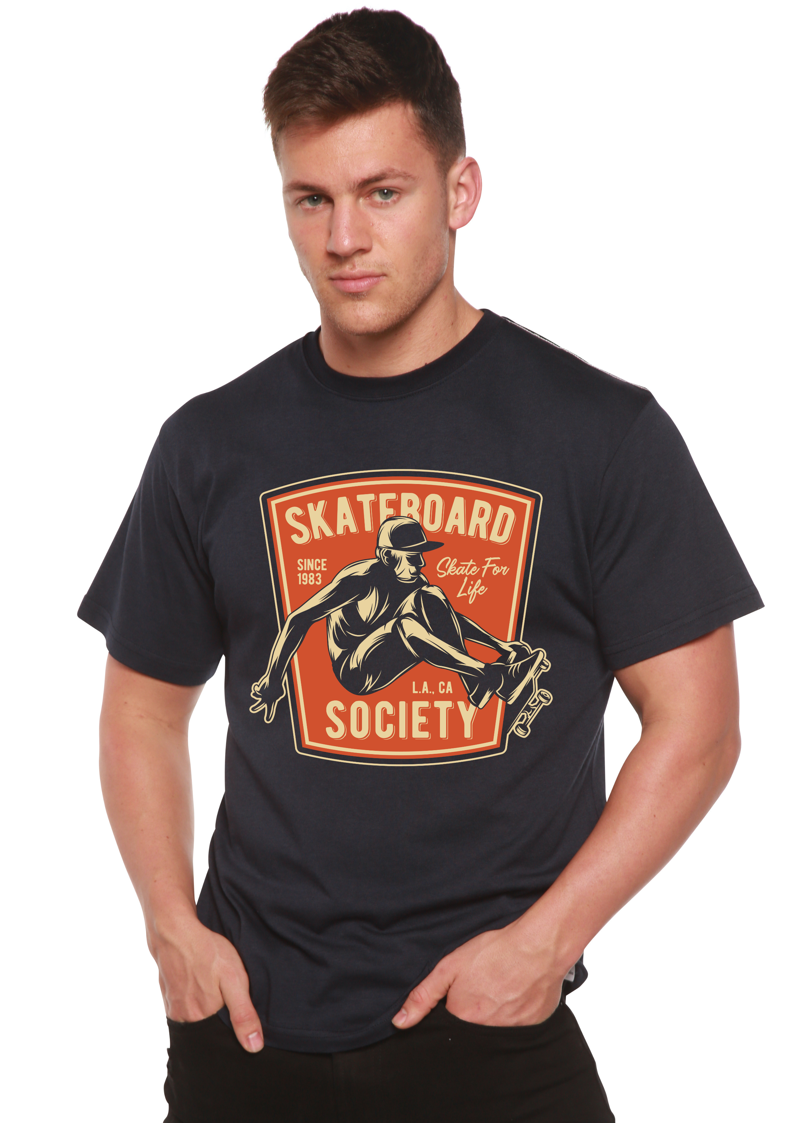 Spun Bamboo Skateboard Society Men's Bamboo Viscose/Organic Cotton Short Sleeve Graphic T-Shirt — detail close-up