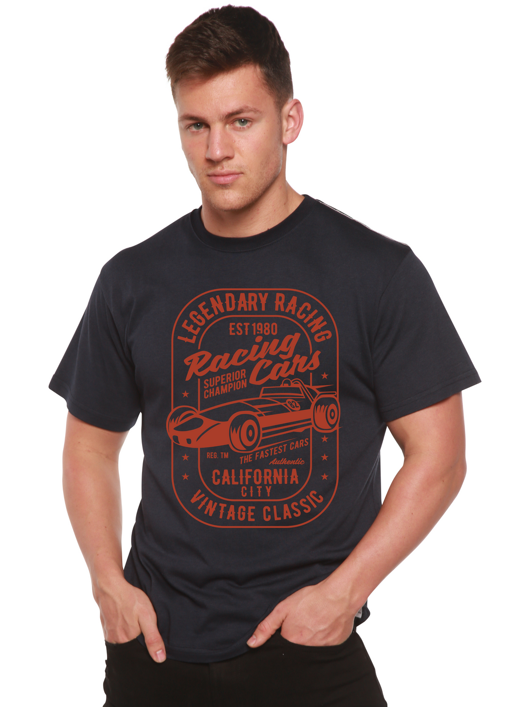 Spun Bamboo Legendary Racing Cars Men's Bamboo Viscose/Organic Cotton Short Sleeve Graphic T-Shirt — size reference