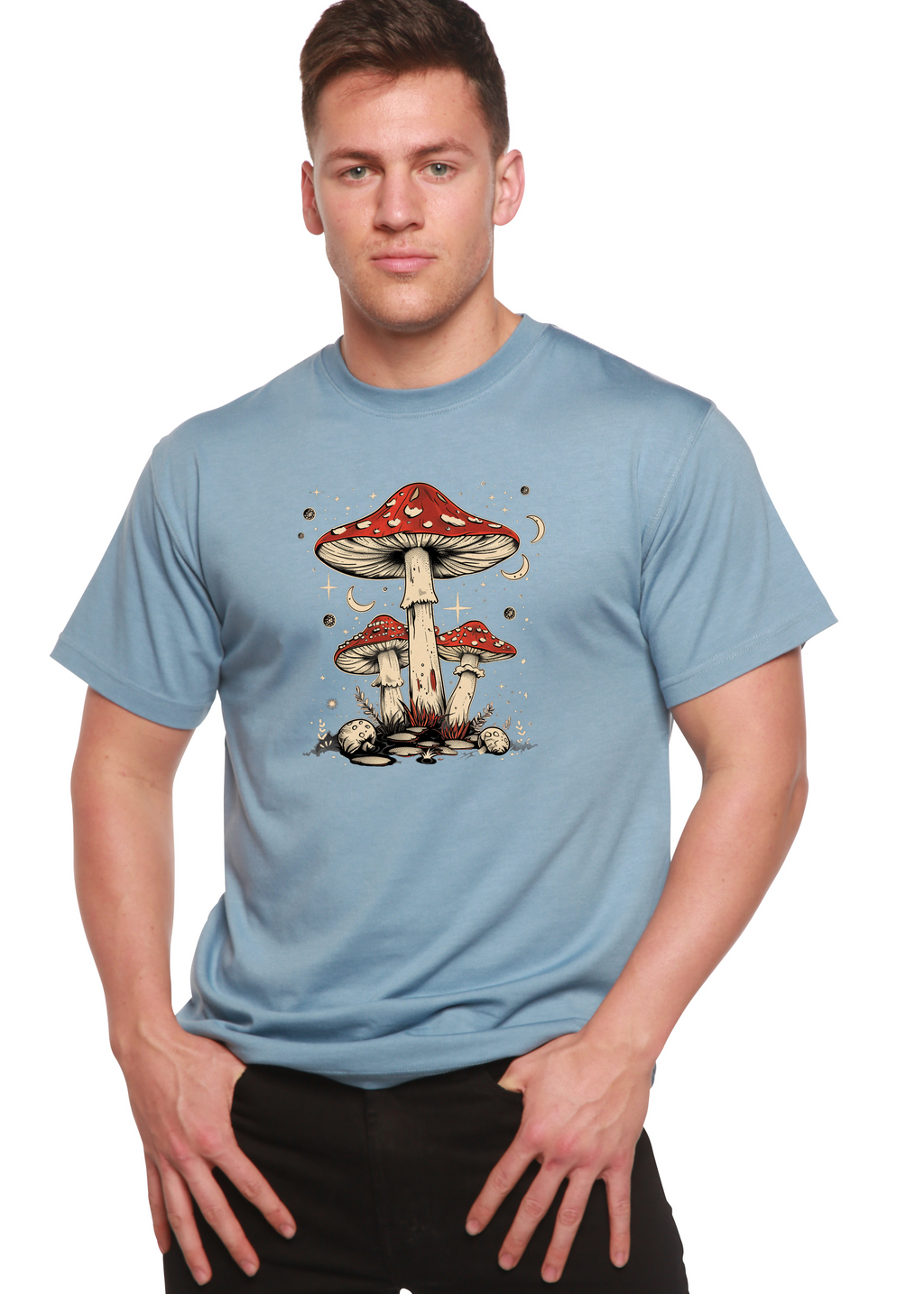 Spun Bamboo Boho Retro Hippie Mushrooms Natural Unisex Bamboo/Cotton Graphic T-Shirt — color detail