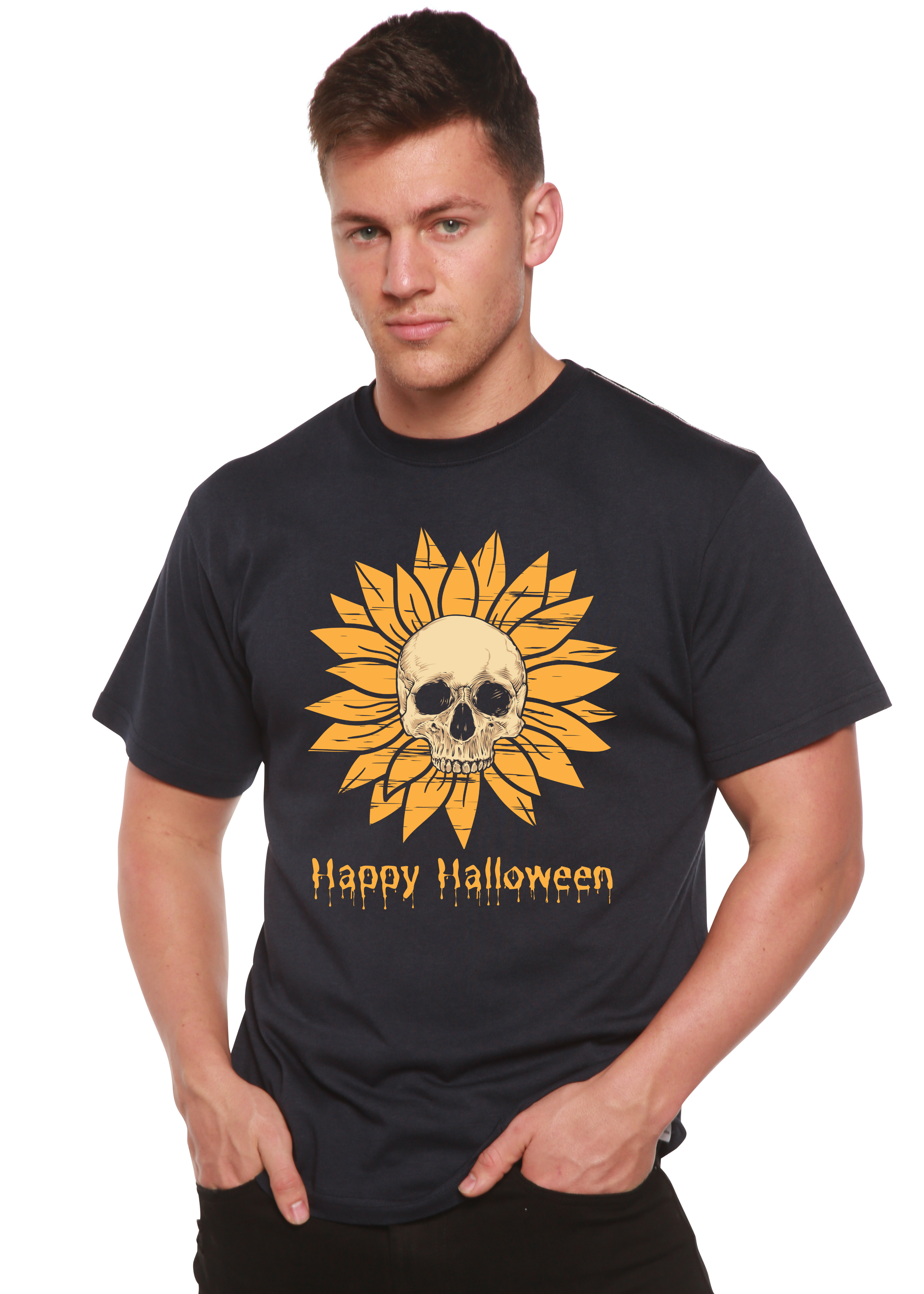 Spun Bamboo Happy Halloween Day Men's Bamboo Viscose/Organic Cotton Short Sleeve Graphic T-Shirt — detail close-up