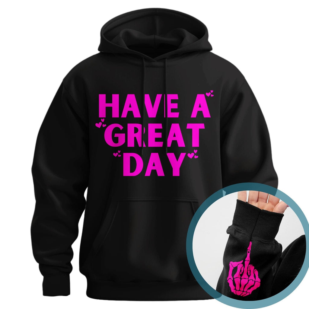 Pasimax "Have A Great Day" Middle Finger Hoodie — detail close-up