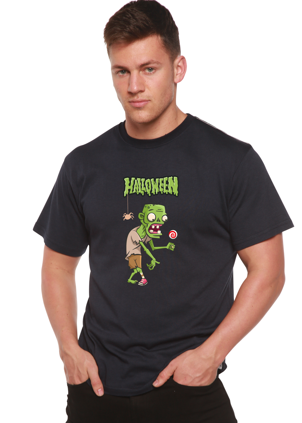 Spun Bamboo Halloween Green Monster Unisex Bamboo Viscose/Organic Cotton Short Sleeve Graphic T-Shirt — feature highlight