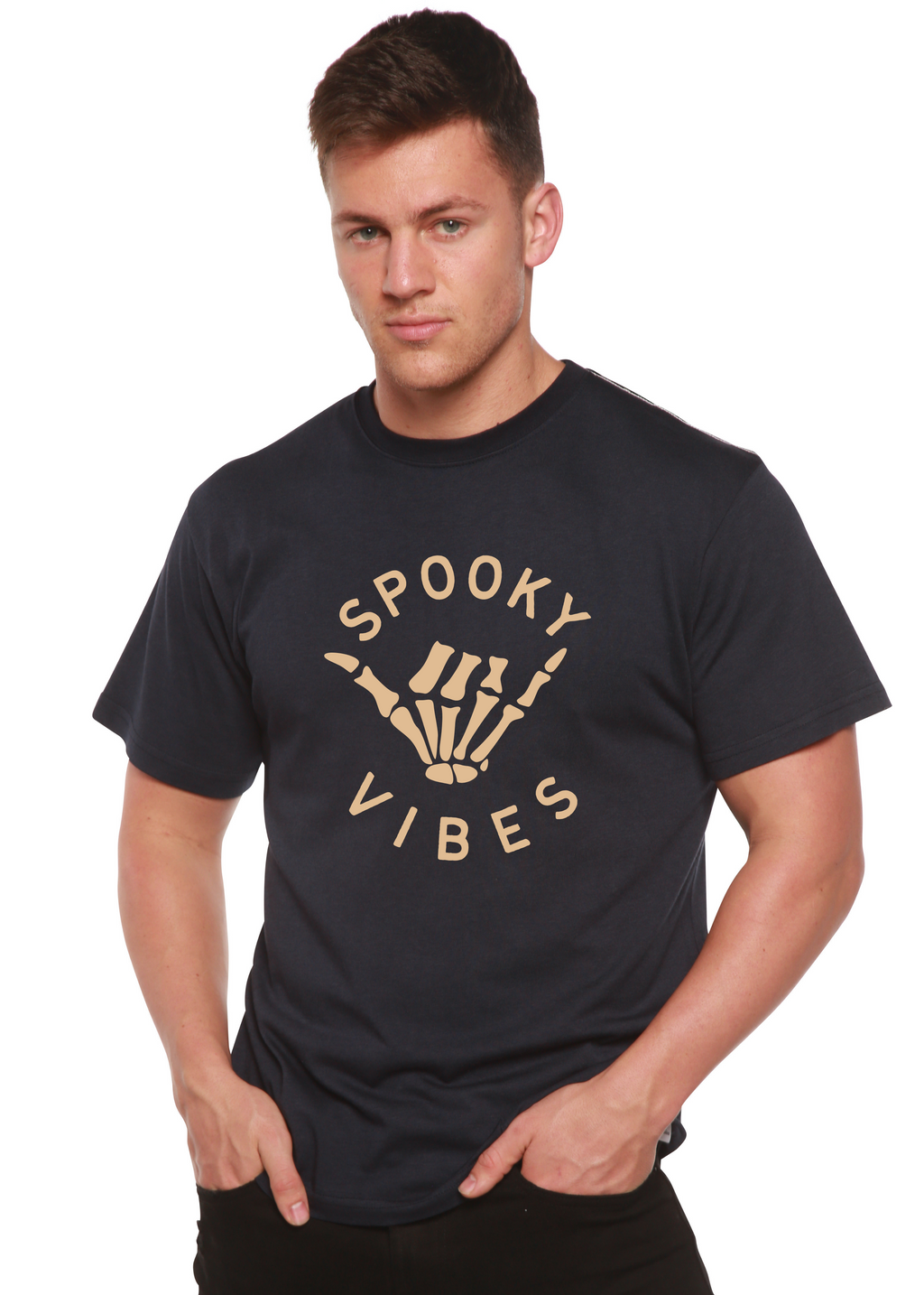 Spun Bamboo Spooky Vibes Men's Bamboo Viscose/Organic Cotton Short Sleeve Graphic T-Shirt — detail close-up