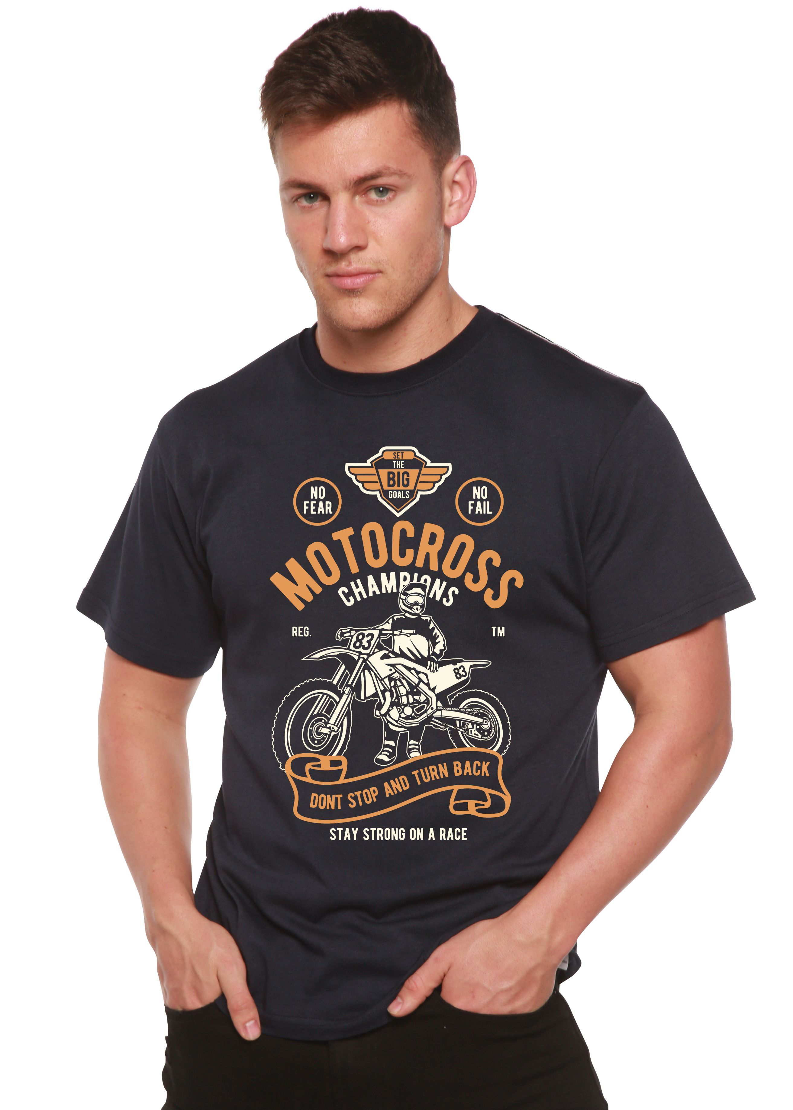 Spun Bamboo Motocross Champions Men's Bamboo Viscose/Organic Cotton Short Sleeve Graphic T-Shirt — detail close-up