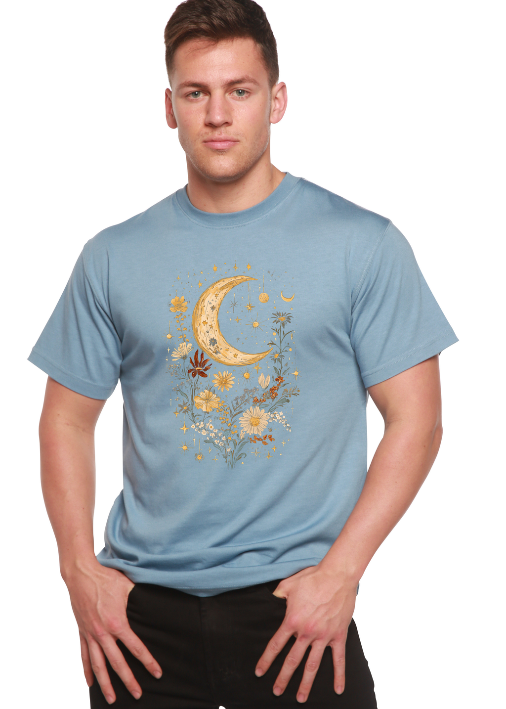 Spun Bamboo Celestial Moon Boho Flowers Vintage Unisex Bamboo/Cotton Graphic T-Shirt — lifestyle context