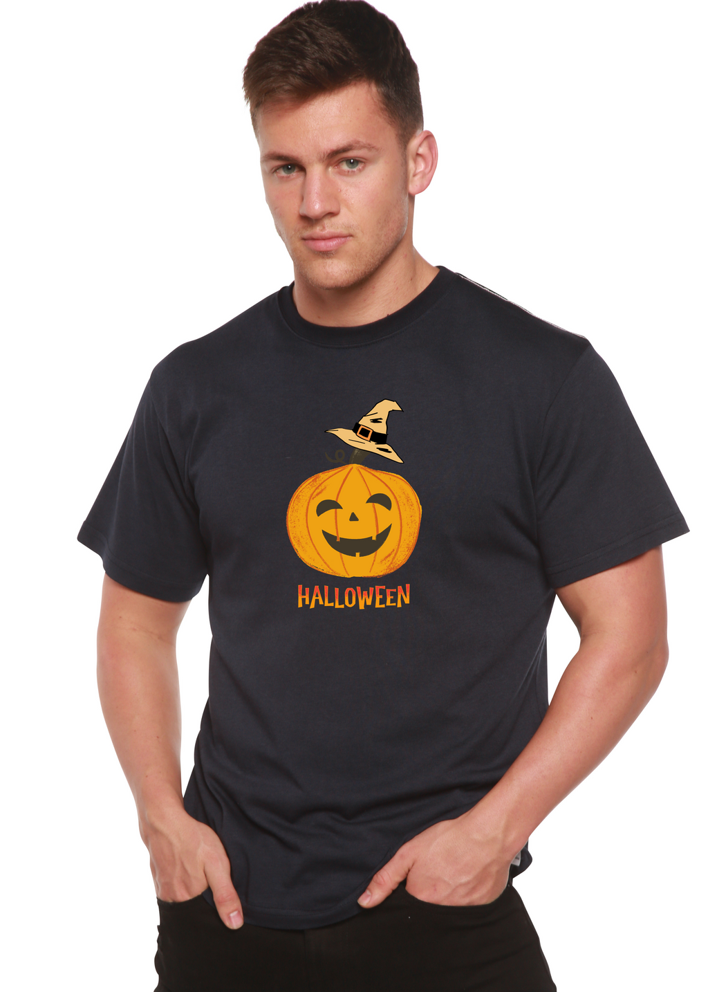 Spun Bamboo Halloween Pumpkin Unisex Bamboo Viscose/Organic Cotton Short Sleeve Graphic T-Shirt — feature highlight