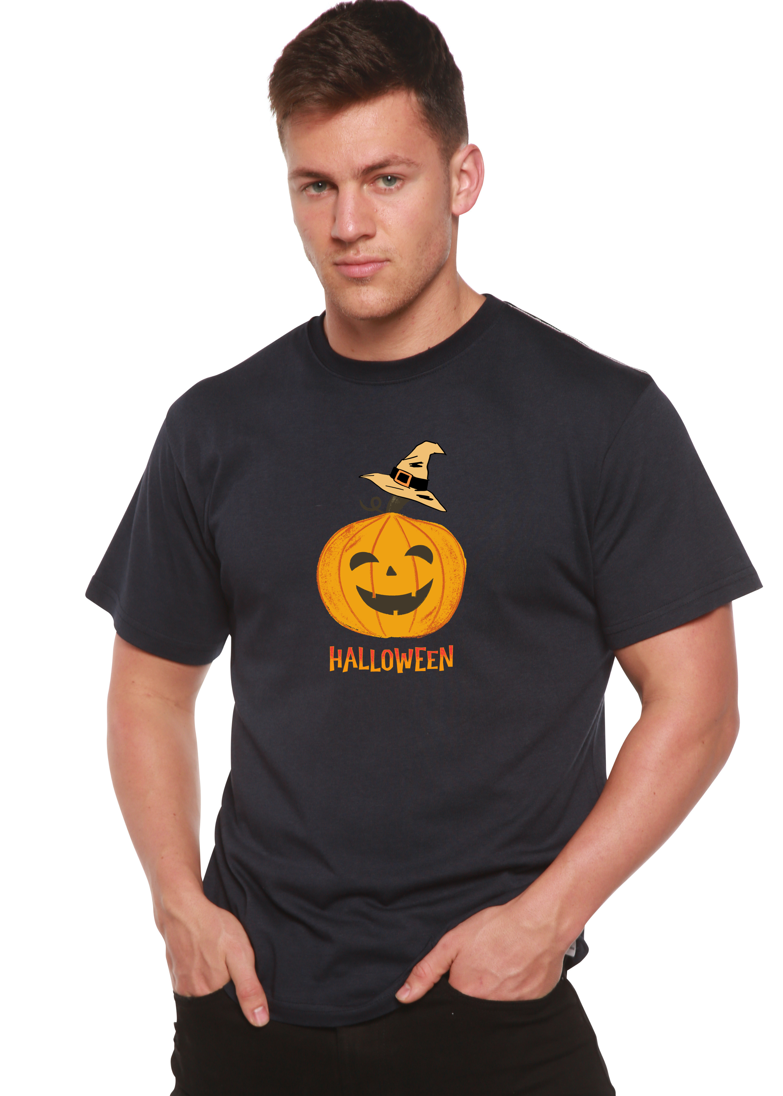 Spun Bamboo Halloween Pumpkin Unisex Bamboo Viscose/Organic Cotton Short Sleeve Graphic T-Shirt — feature highlight