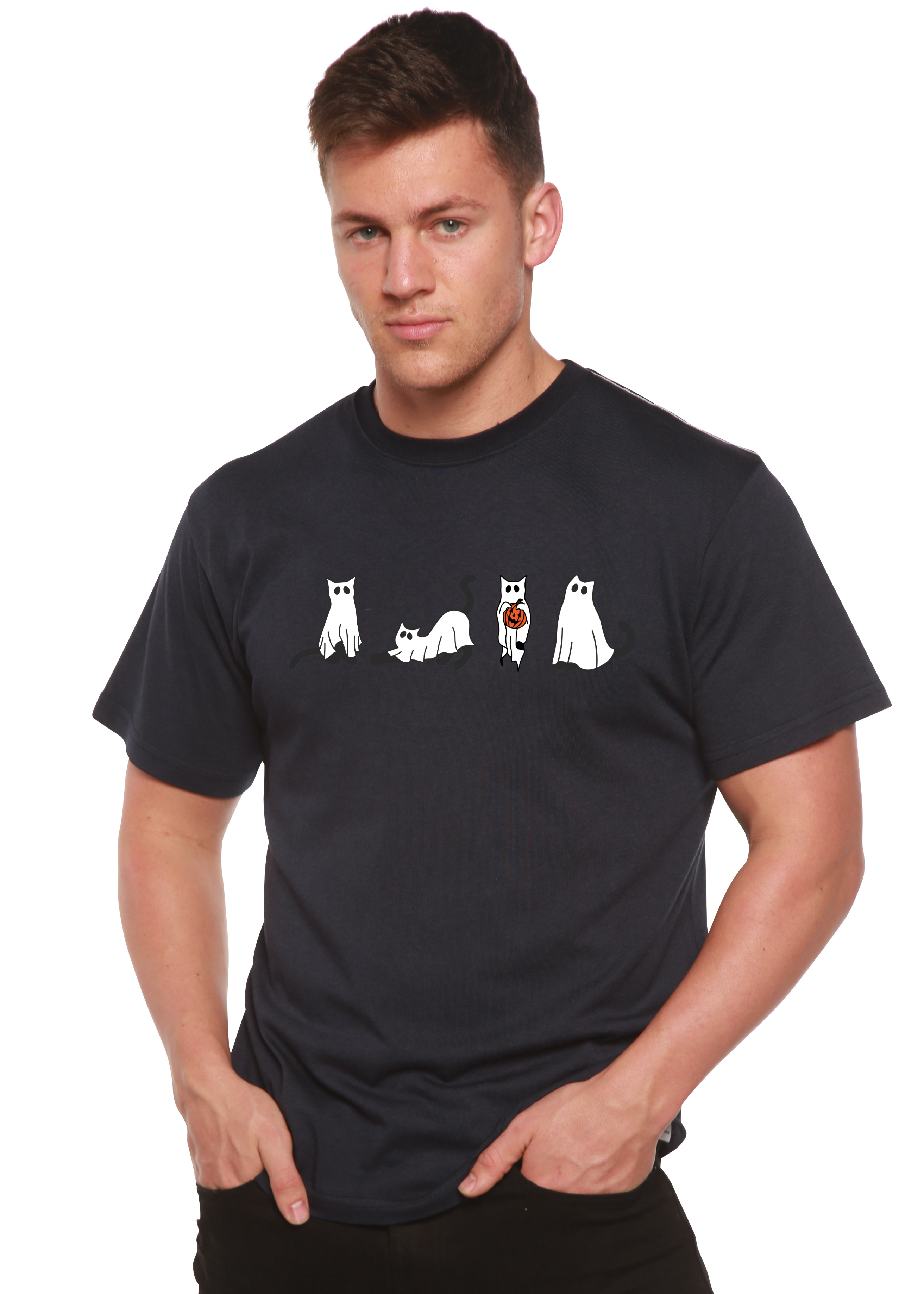 Spun Bamboo Halloween Cats Men's Bamboo Viscose/Organic Cotton Short Sleeve Graphic T-Shirt — color detail