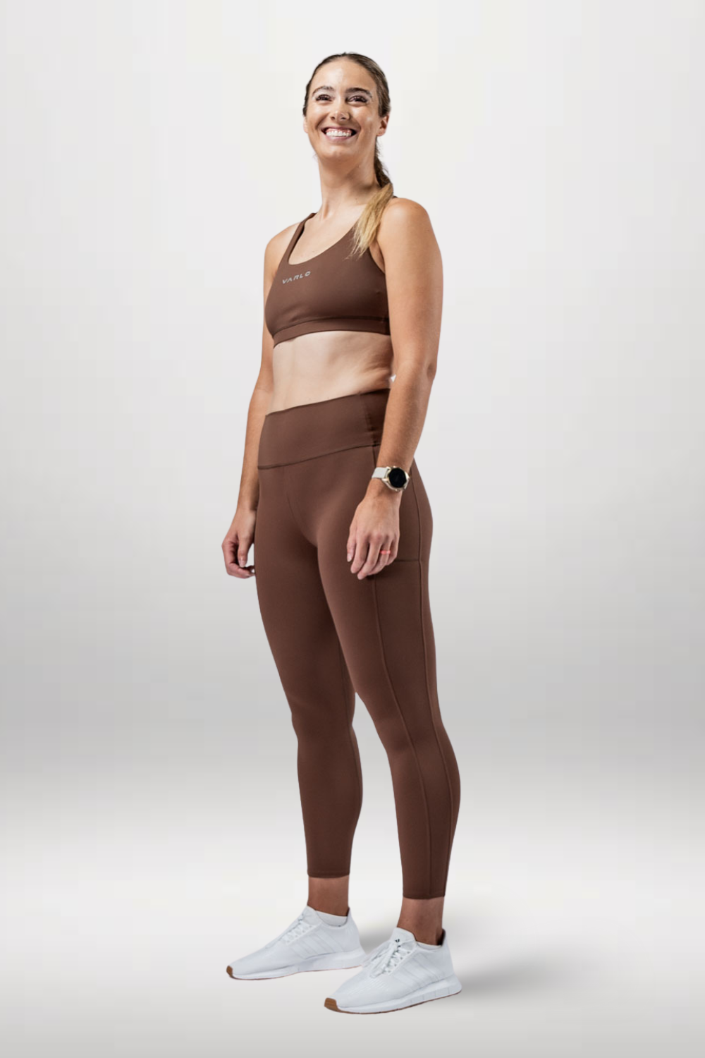 Varlo Women's SOHO Full Length High Waist Leggings (City Mocha) — flat-lay composition