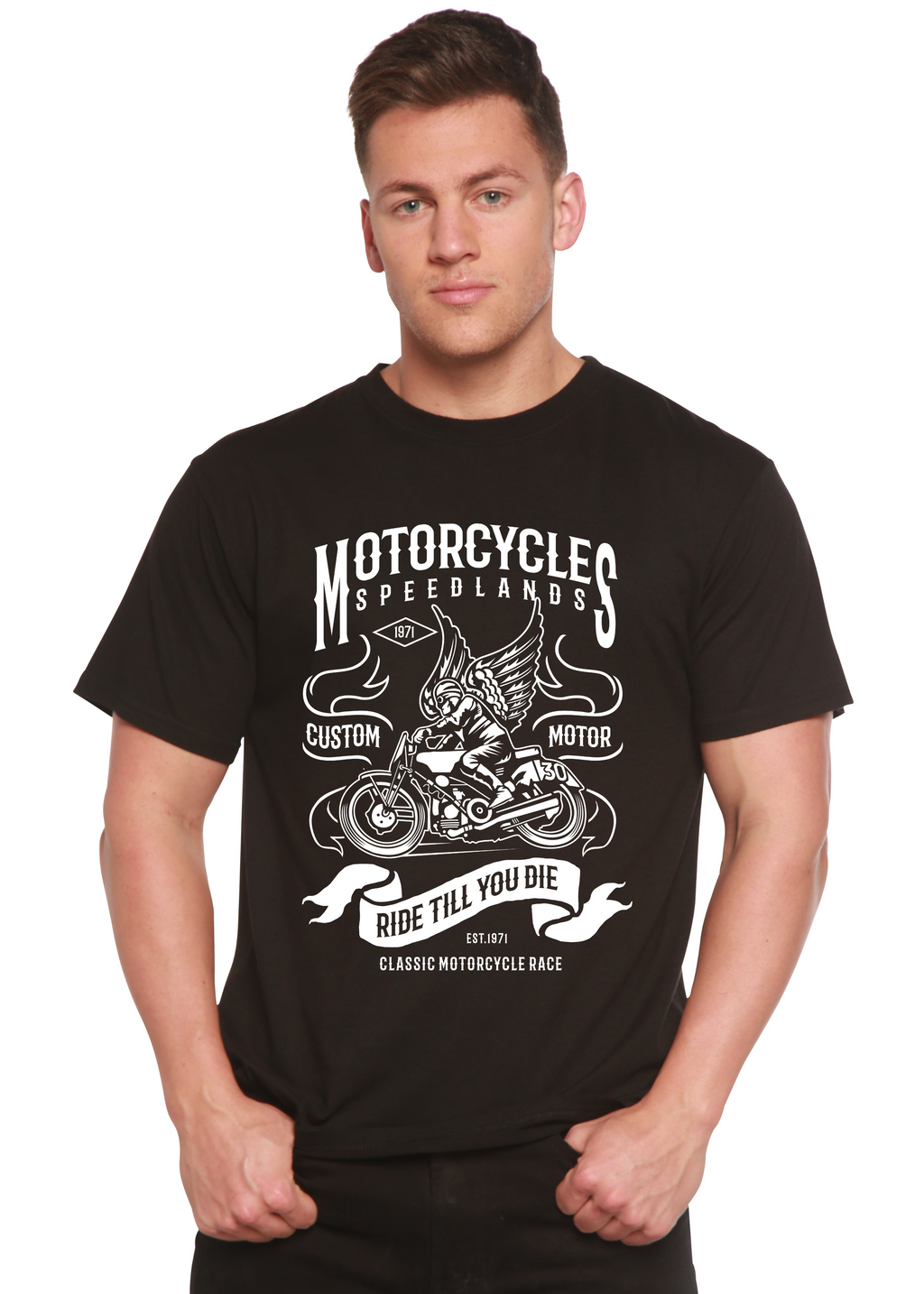 Spun Bamboo Motorcycles Men's Bamboo Viscose/Organic Cotton Short Sleeve Graphic T-Shirt — lifestyle context