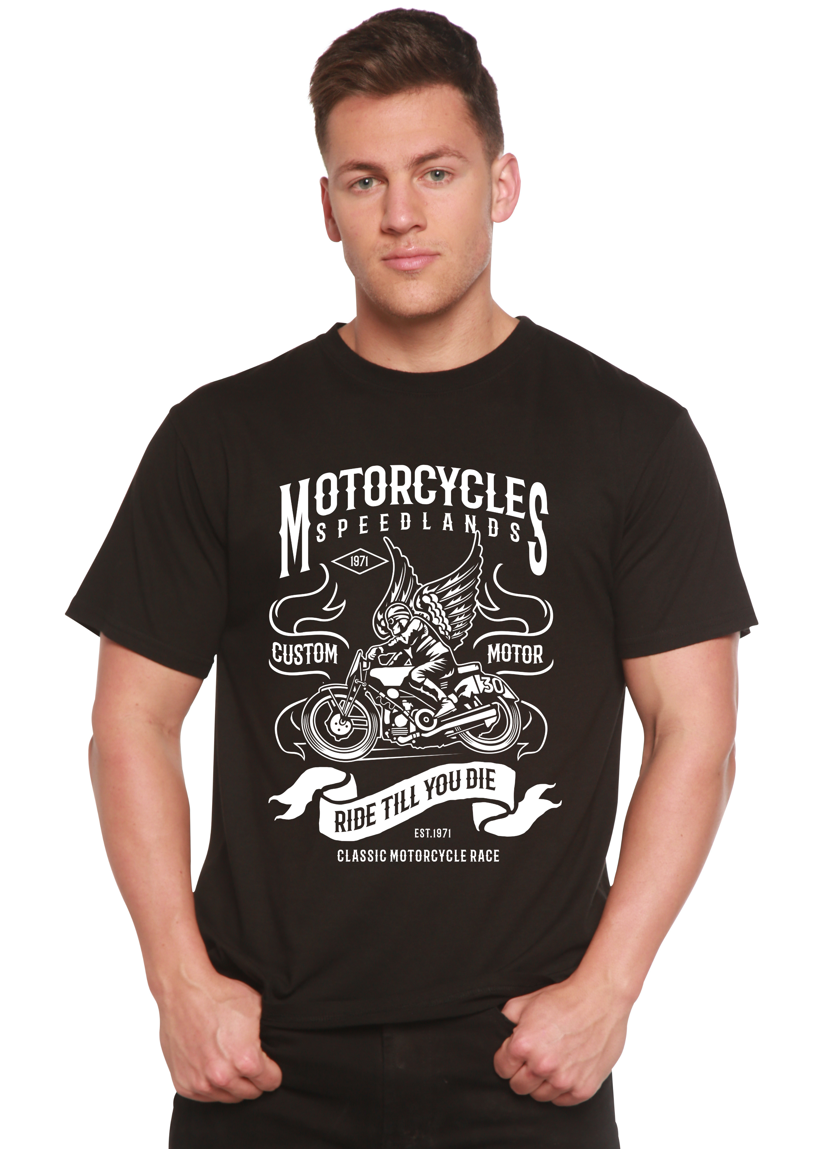 Spun Bamboo Motorcycles Men's Bamboo Viscose/Organic Cotton Short Sleeve Graphic T-Shirt — lifestyle context